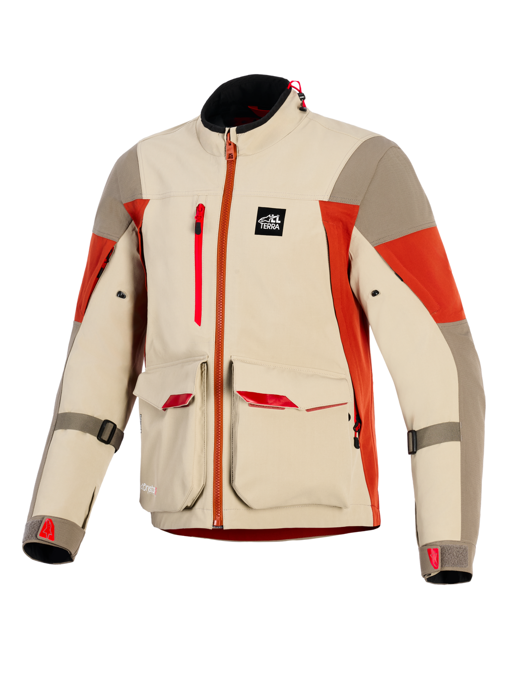 Alpinestars Maxdura Drystar®XF Laminated Armored Shell, adventure motorcykeljakke, Aluminum Walnut og Rust Brown, med store cargolommer foran med røde detaljer, lodret brystlynlås, All Terra branding-mærke og teknisk 3-lags lamineret konstruktion.