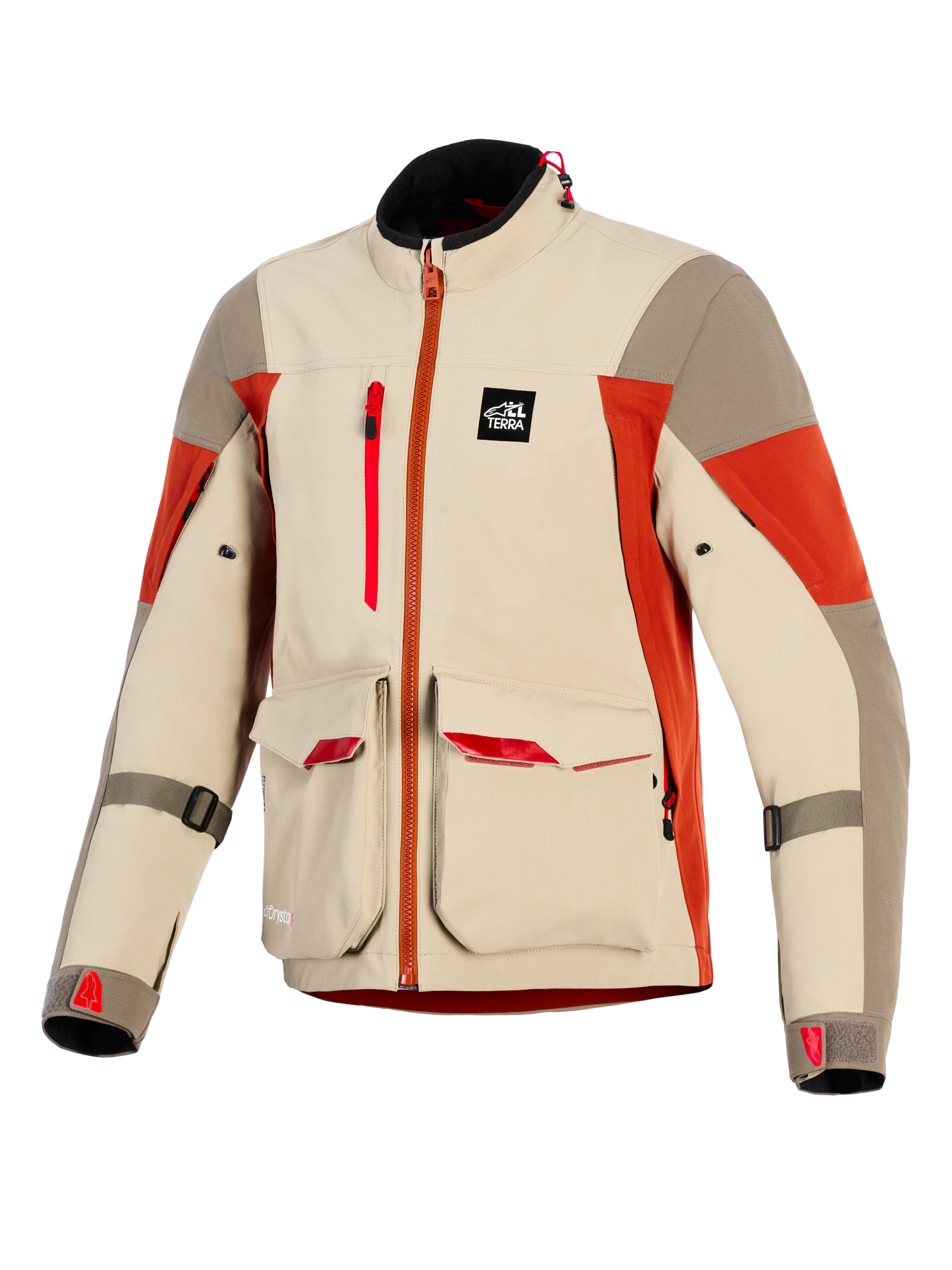 Alpinestars Maxdura Drystar®XF Laminated Armored Shell, adventure motorcykeljakke, Aluminum Walnut og Rust Brown, med store cargolommer foran med røde detaljer, lodret brystlynlås, All Terra branding-mærke og teknisk 3-lags lamineret konstruktion.