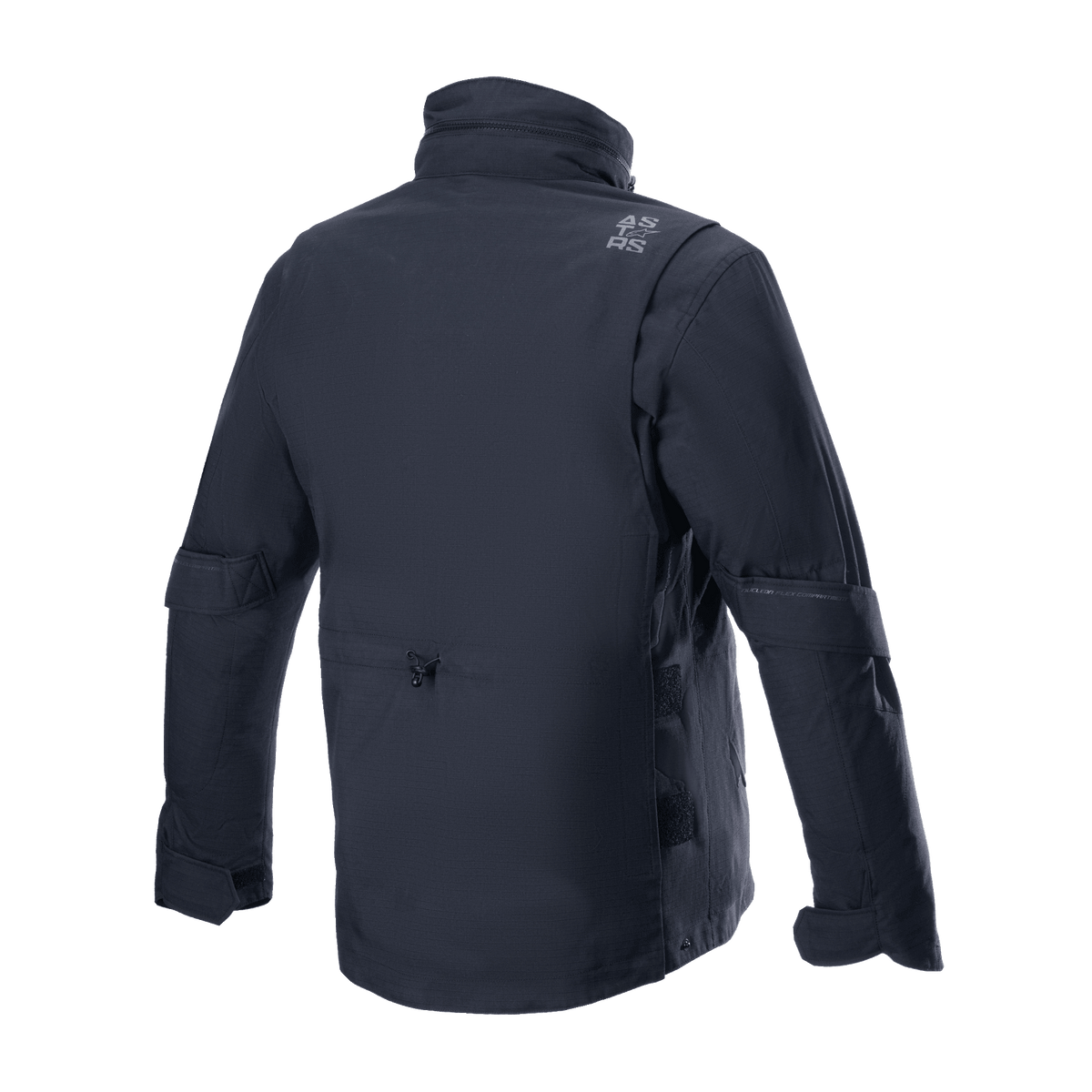 Alpinestars MO.ST.EQ Field Waterproof Primaloft Jakke, sort, set bagfra, moderne streetwear-inspireret motorcykeljakke med ripstop-tekstilkonstruktion, høj krave og diskret gråt logo på skulderen.