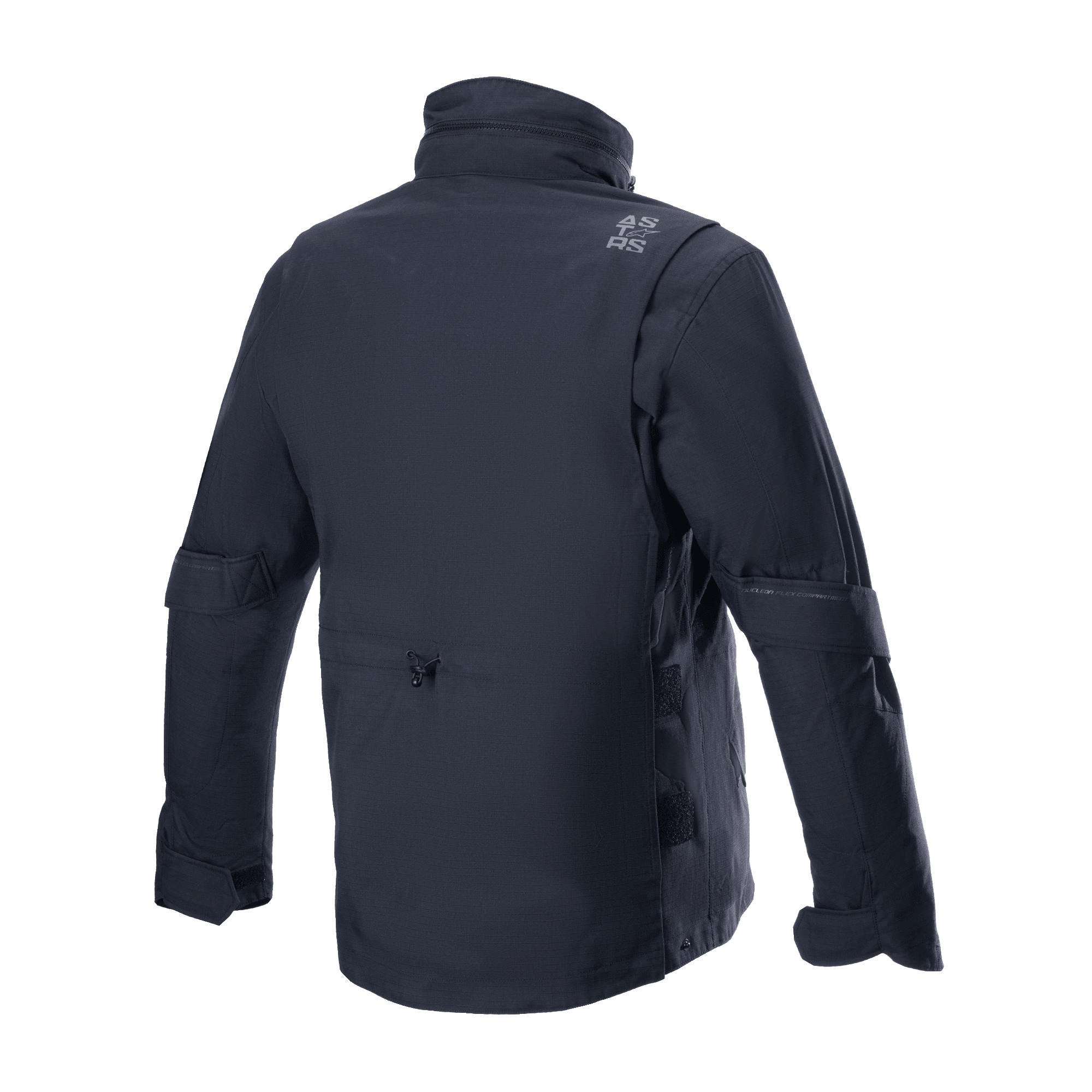 Alpinestars MO.ST.EQ Field Waterproof Primaloft Jakke, sort, set bagfra, moderne streetwear-inspireret motorcykeljakke med ripstop-tekstilkonstruktion, høj krave og diskret gråt logo på skulderen.