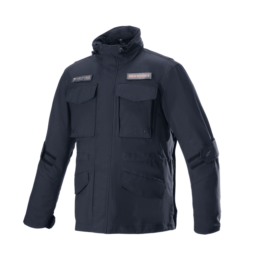 Alpinestars MO.ST.EQ Field vandtæt Primaloft-jakke, sort, urban motorcykeljakke, field jacket-stil, fire forlommer med klapper, høj krave med snoretræk, holdbar ripstop-konstruktion med logo-mærker