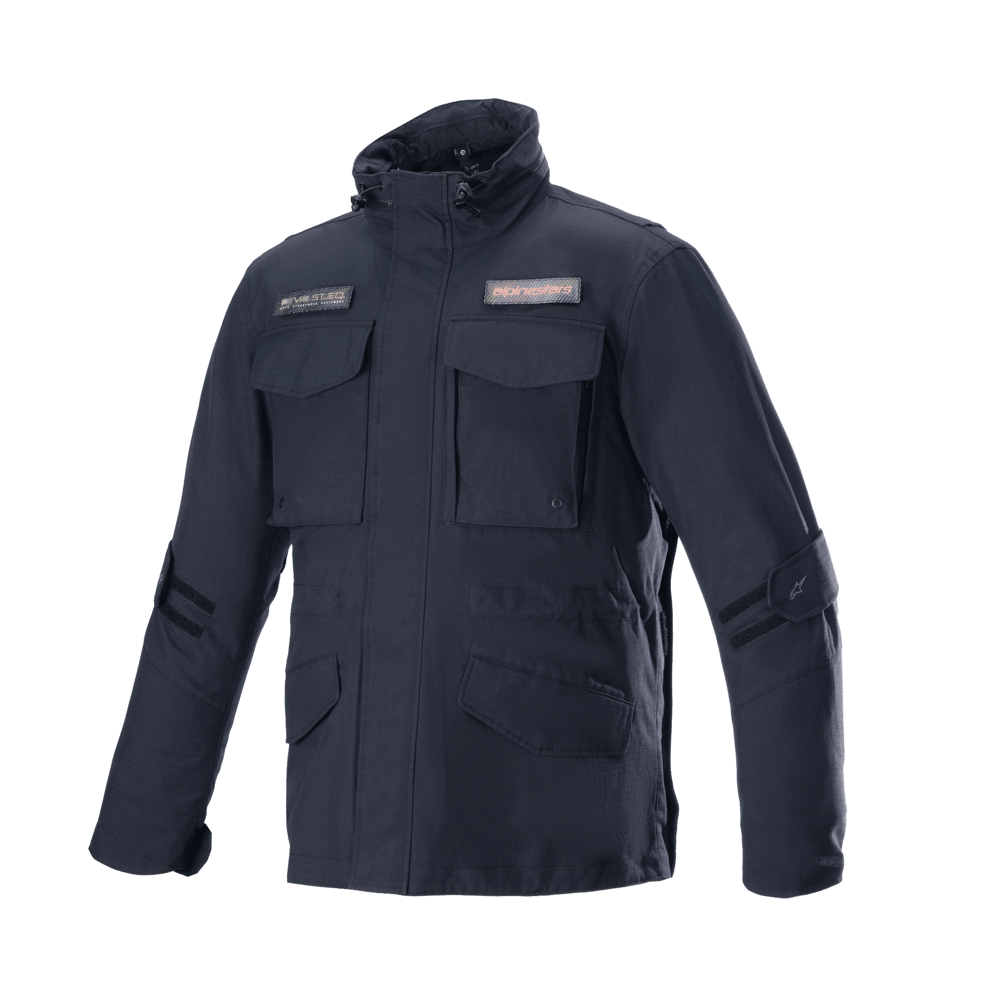 Alpinestars MO.ST.EQ Field Waterproof Primaloft Jacket, Black, Urban Motorcycle Jacket, Field Jacket Style, Four Front Flap Pockets, High Collar with Drawstrings, Durable Ripstop Construction with Logo Patches