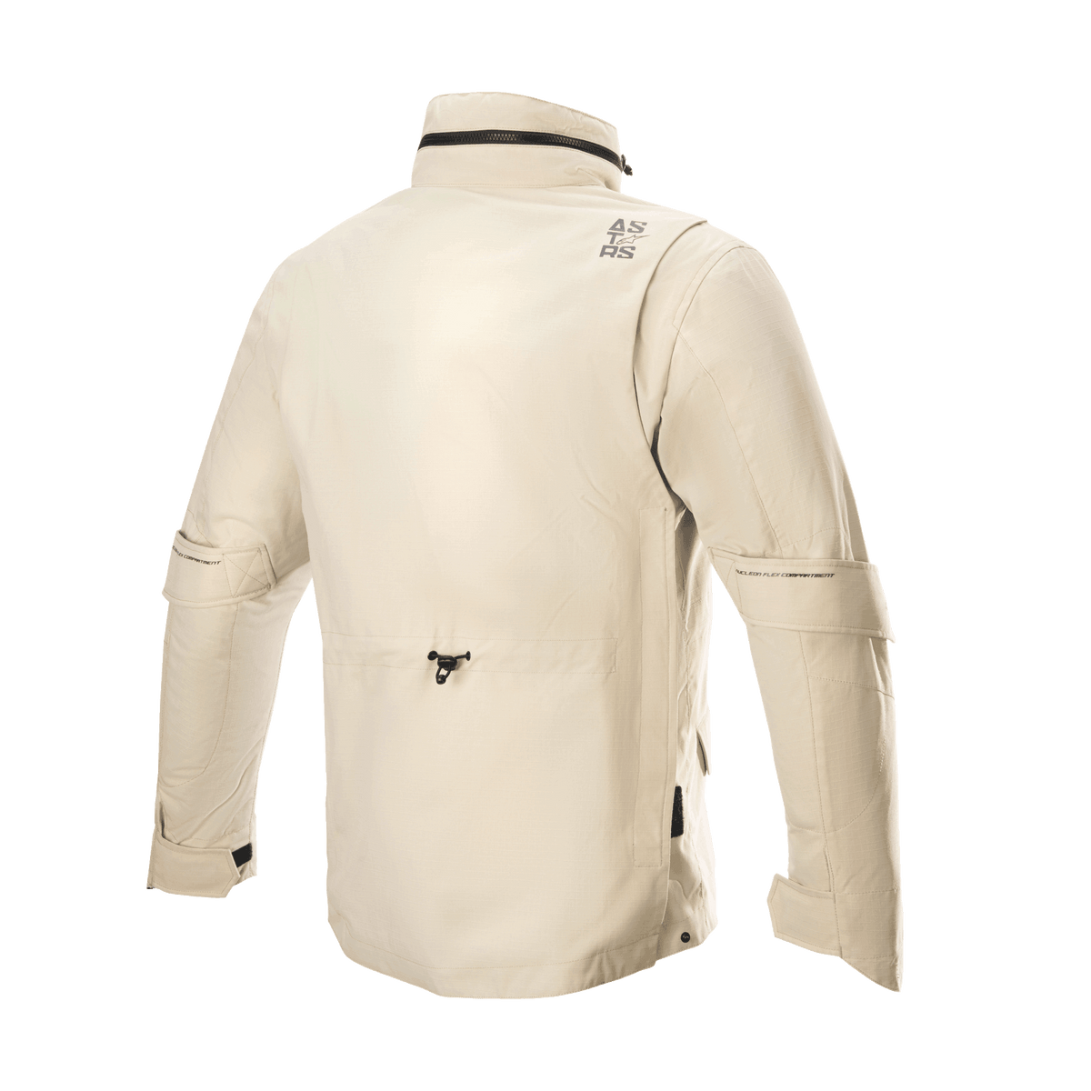 Alpinestars MO.ST.EQ Field Waterproof Primaloft-jakke, motorcykeljakke, Sand Military, set bagfra med høj krave og hætte, der kan pakkes væk, justering af ærmevolumen og letvægts ripstop-konstruktion i en moderne field jacket-stil