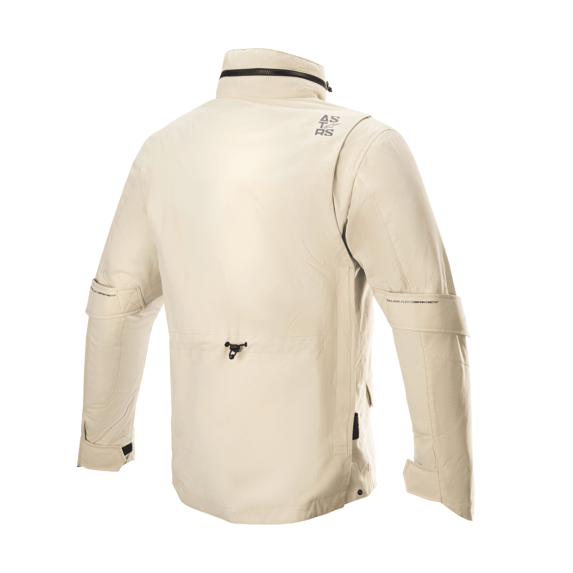 Alpinestars MO.ST.EQ Field Waterproof Primaloft-jakke, motorcykeljakke, Sand Military, set bagfra med høj krave og hætte, der kan pakkes væk, justering af ærmevolumen og letvægts ripstop-konstruktion i en moderne field jacket-stil