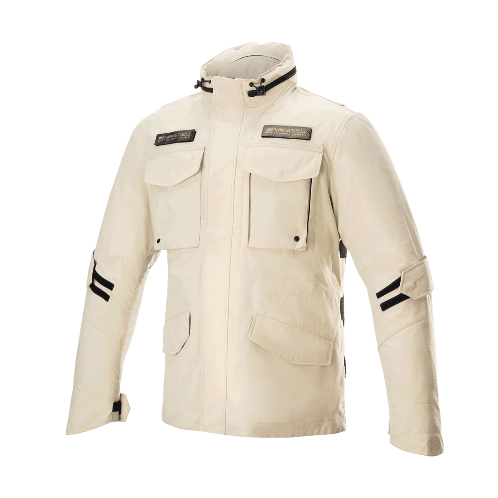 Alpinestars MO.ST.EQ Field Waterproof Primaloft jakke, urban motorcykeljakke, Sand Military, fire frontlommer med klapper, høj krave og sorte justerbare stropper på ærmerne, moderne streetwear-design med vandtæt ripstop-konstruktion