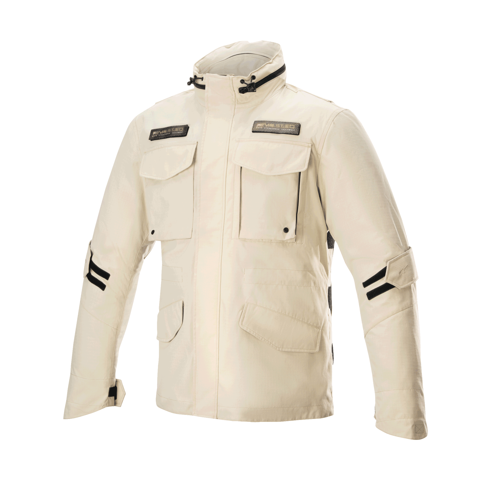 Alpinestars MO.ST.EQ Field Waterproof Primaloft jakke, urban motorcykeljakke, Sand Military, fire frontlommer med klapper, høj krave og sorte justerbare stropper på ærmerne, moderne streetwear-design med vandtæt ripstop-konstruktion