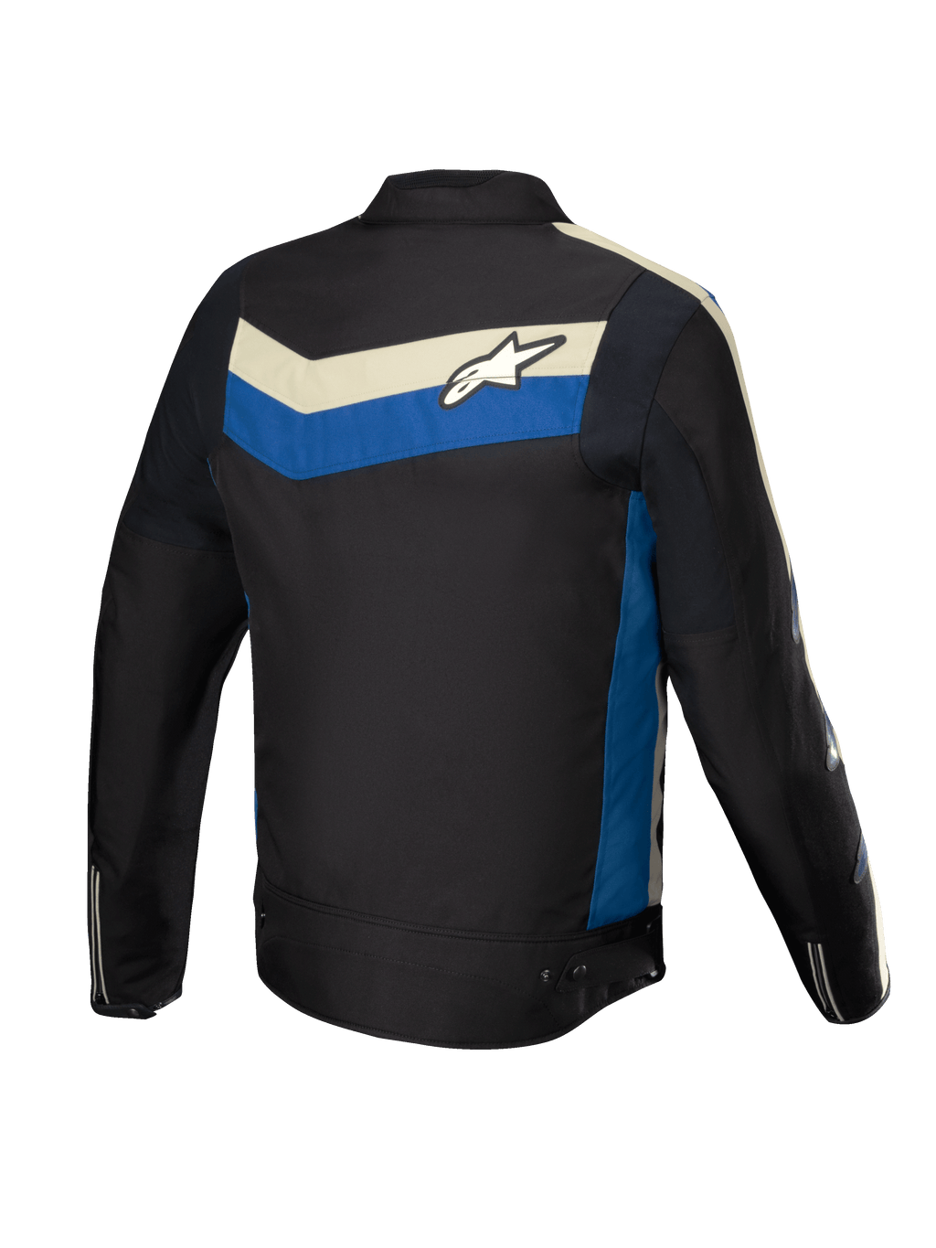 Alpinestars T-Dyno Vandafvisende Jakke, herre-motorcykeljakke, sort med blå og råhvide detaljer, set bagfra med strækpaneler og logo på ryggen
