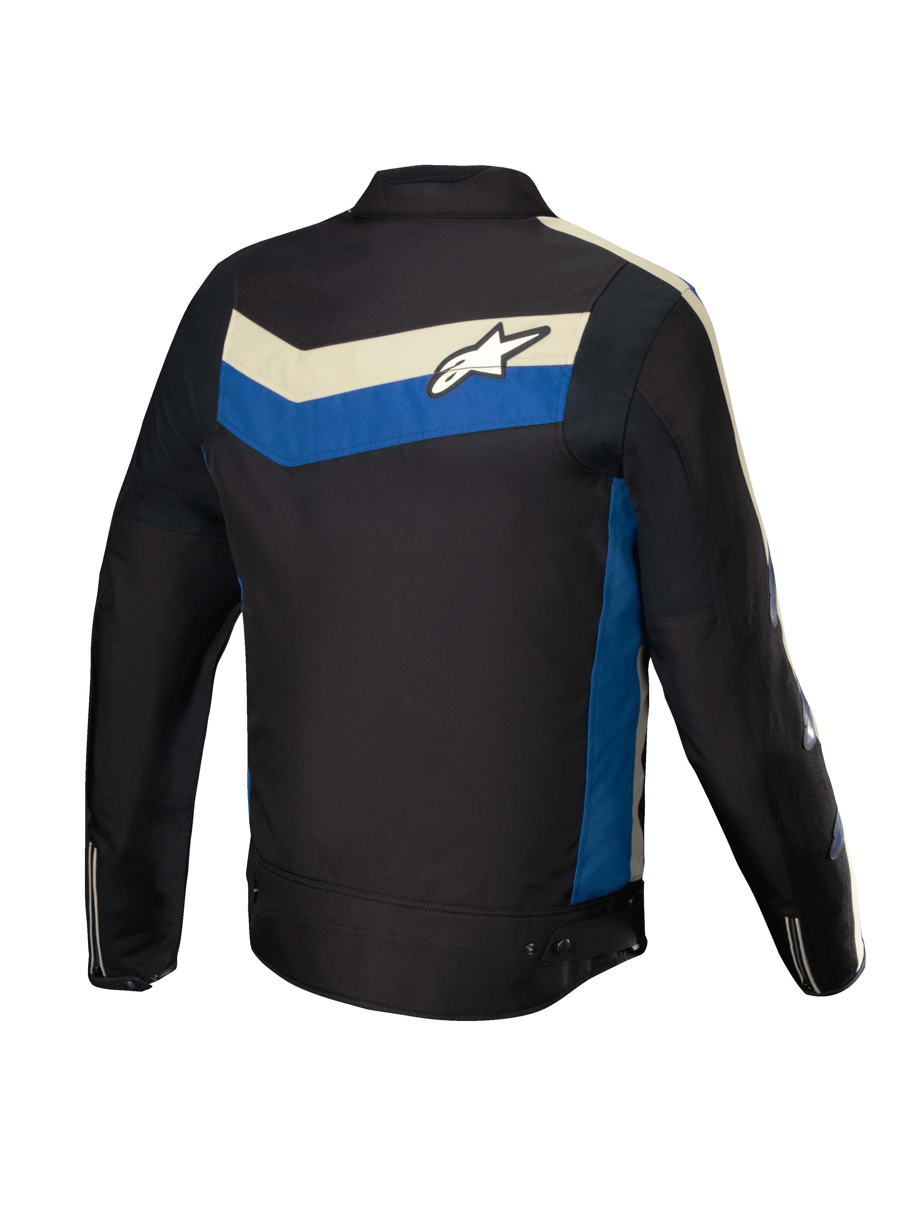 Alpinestars T-Dyno Vandafvisende Jakke, herre-motorcykeljakke, sort med blå og råhvide detaljer, set bagfra med strækpaneler og logo på ryggen