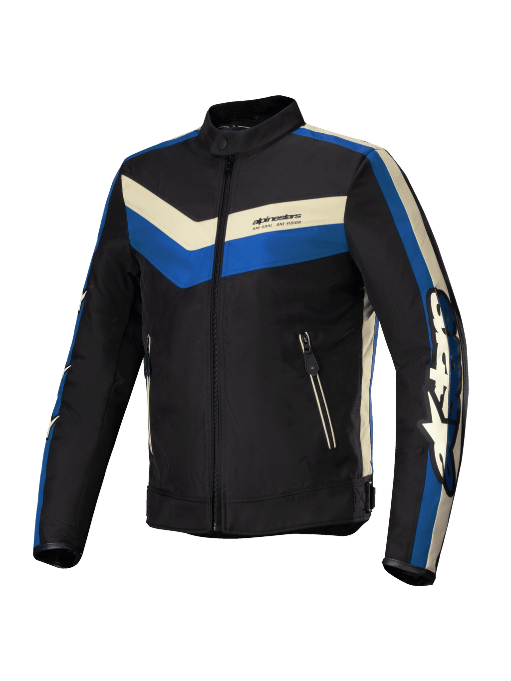 Alpinestars T-Dyno Vandafvisende Jakke, herre-motorcykeltekstiljakke, sort, blå og råhvid, CE-certificeret med vandafvisende konstruktion og vintage-inspireret bikerpasform