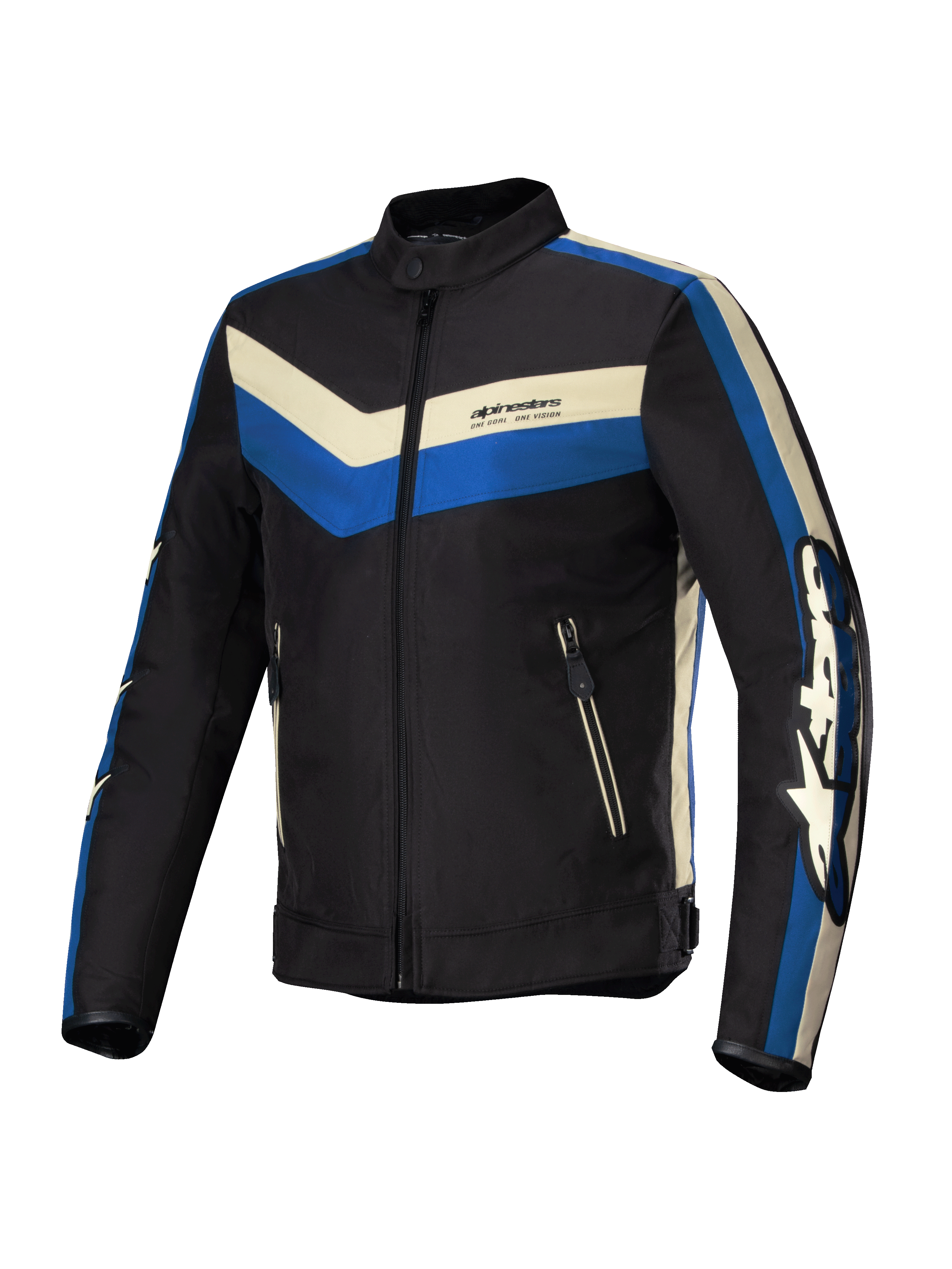 Alpinestars T-Dyno Vandafvisende Jakke, herre-motorcykeltekstiljakke, sort, blå og råhvid, CE-certificeret med vandafvisende konstruktion og vintage-inspireret bikerpasform