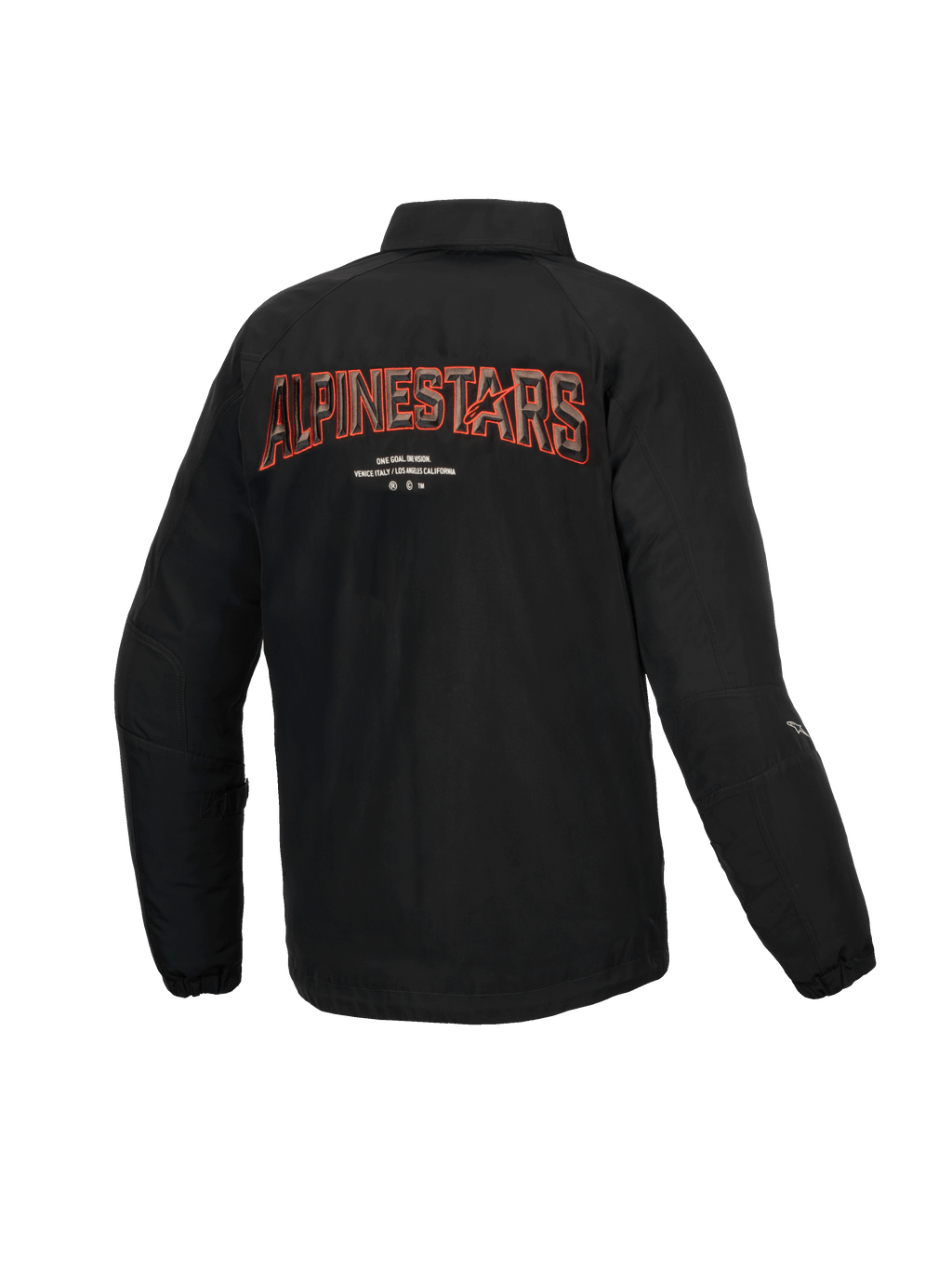 Alpinestars Revved Vandafvisende Jakke, herre-motorcykeljakke set bagfra, sort med 3D-broderi på ryggen, CE-certificeret urban coach-jakke