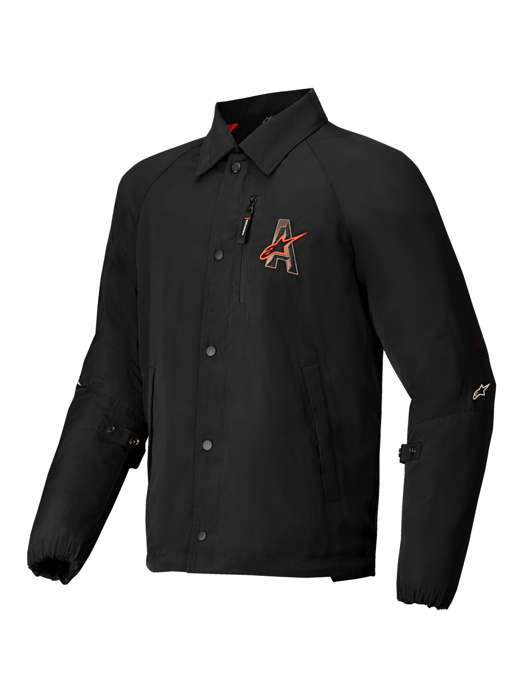 Alpinestars Revved Vandafvisende Jakke, sort urban motorcykeljakke i satin med kontrastbroderi og trykknaplukning, CE-certificeret med Nucleon Flex Plus beskyttere