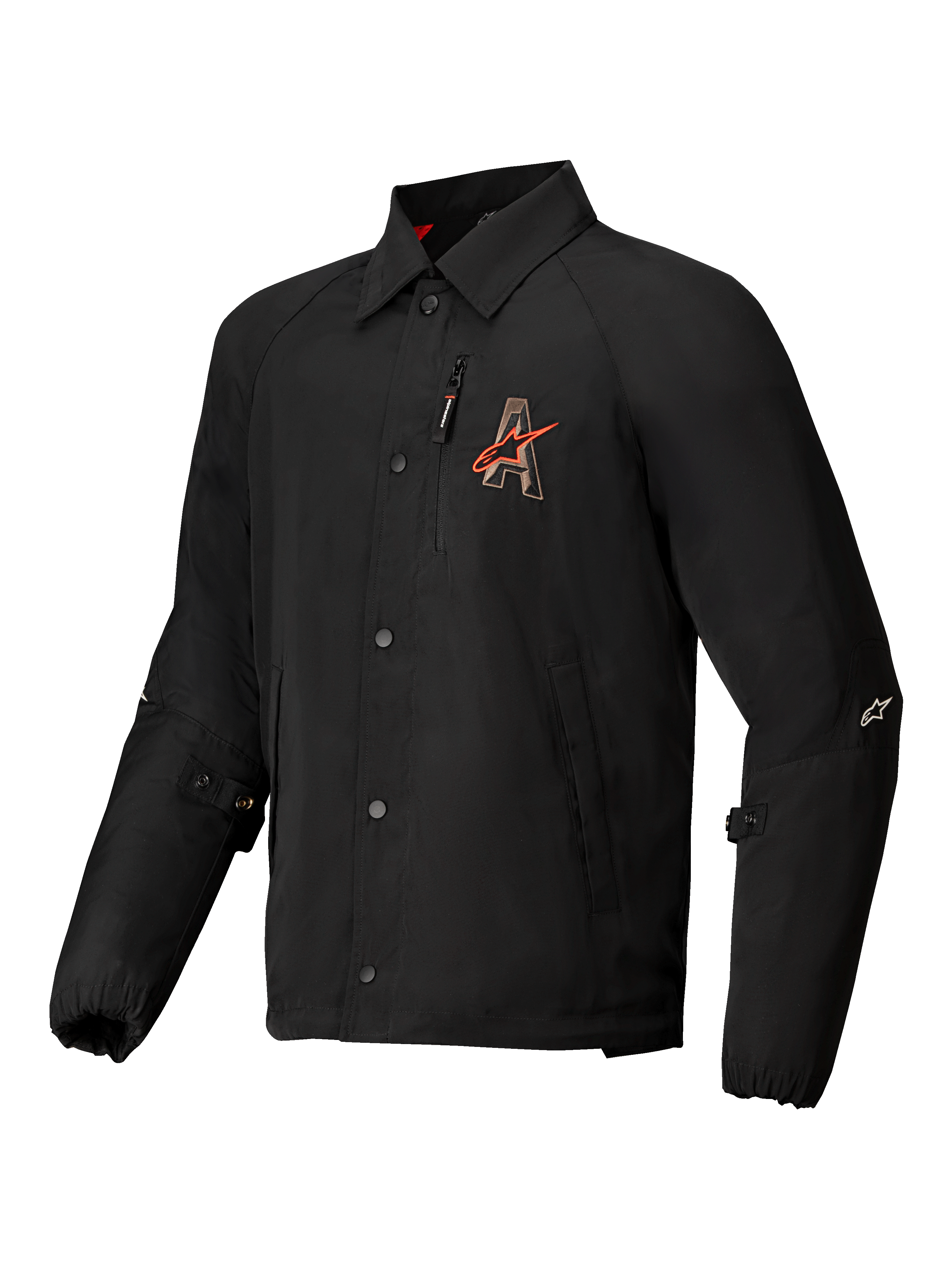 Alpinestars Revved Vandafvisende Jakke, sort urban motorcykeljakke i satin med kontrastbroderi og trykknaplukning, CE-certificeret med Nucleon Flex Plus beskyttere