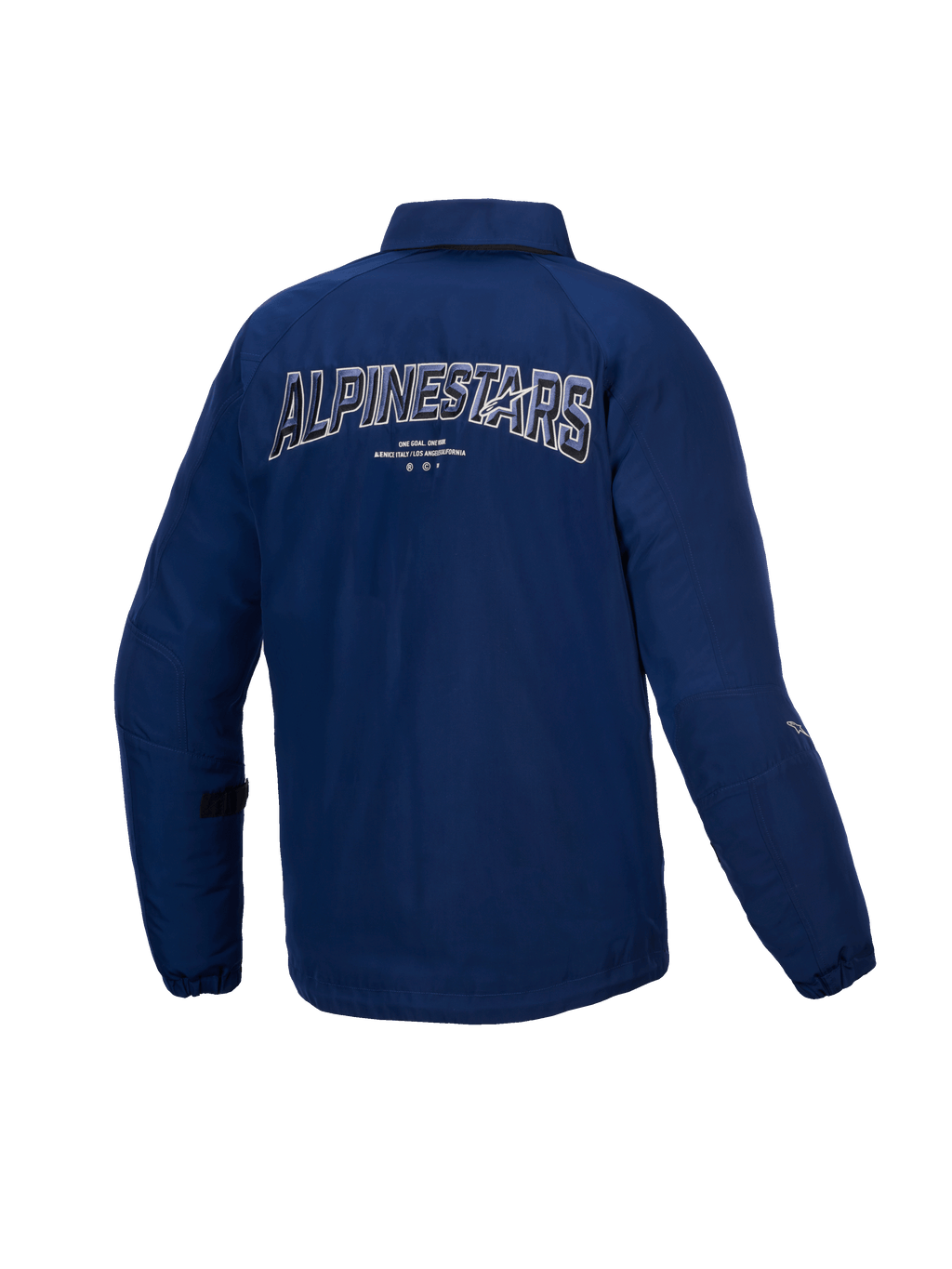 Alpinestars Revved Water Resistant Jacket, men's urban motorcycle jacket, Blue, back view showing dynamic 3D embroidery branding, CE certified water-resistant satin construction