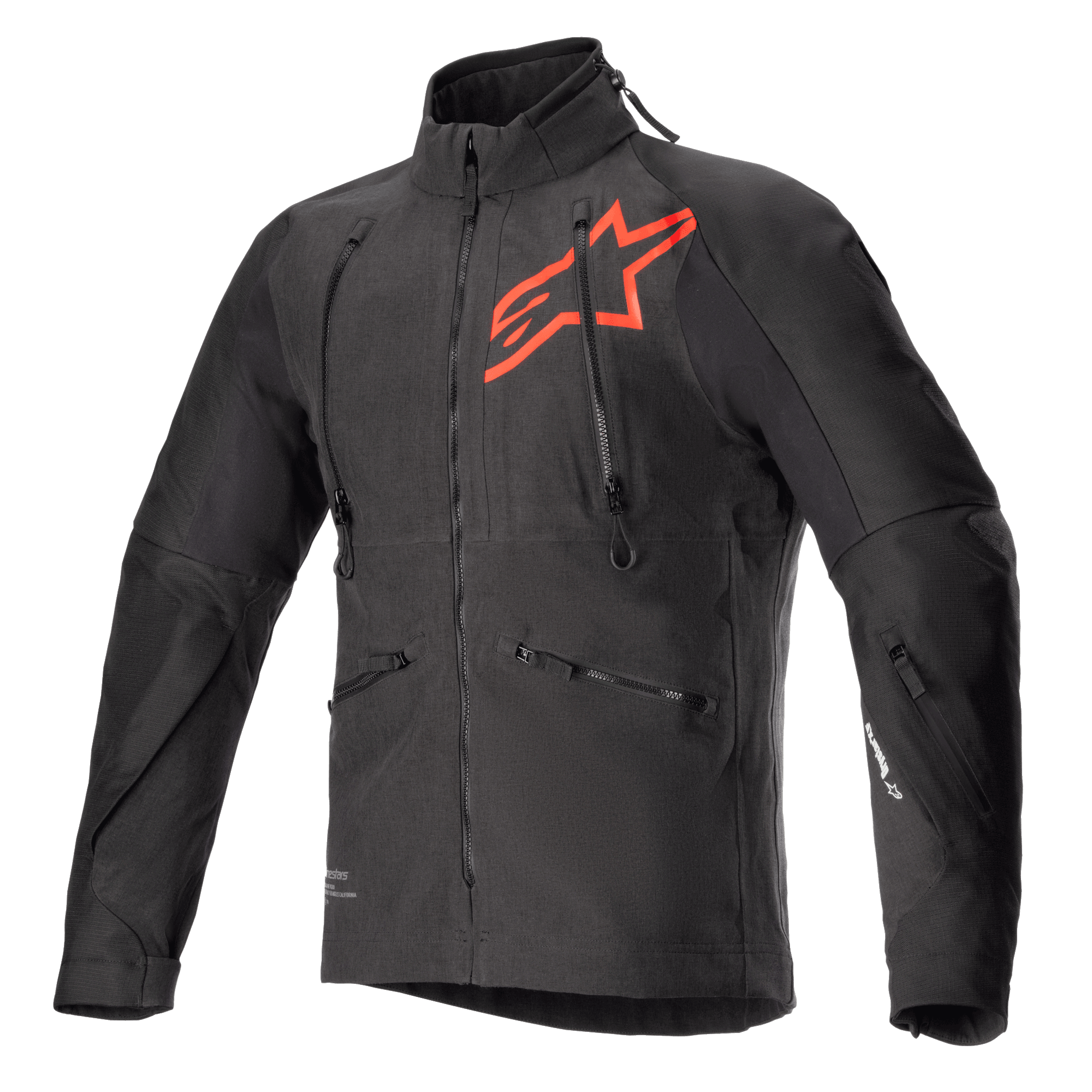 Alpinestars Hyde XT Drystar XF-jakke, sort og rød teknisk motorcykeljakke, stort rødt stjerne-logo på brystet, lodrette ventilationslynlåse på brystet, høj krave, tekstureret firevejs-strækstof, designet til adventure- og off-road-kørsel