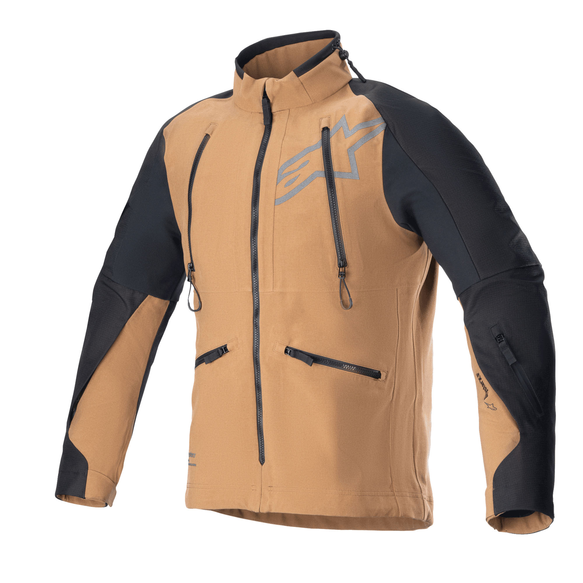 Alpinestars Hyde XT Drystar XF Jacket, Motorcycle Adventure Touring Jacket, Sand and Black, featuring vertical chest ventilation zippers and side pockets, black ripstop panels on shoulders and arms, high collar, waterproof textile construction for off-road riding