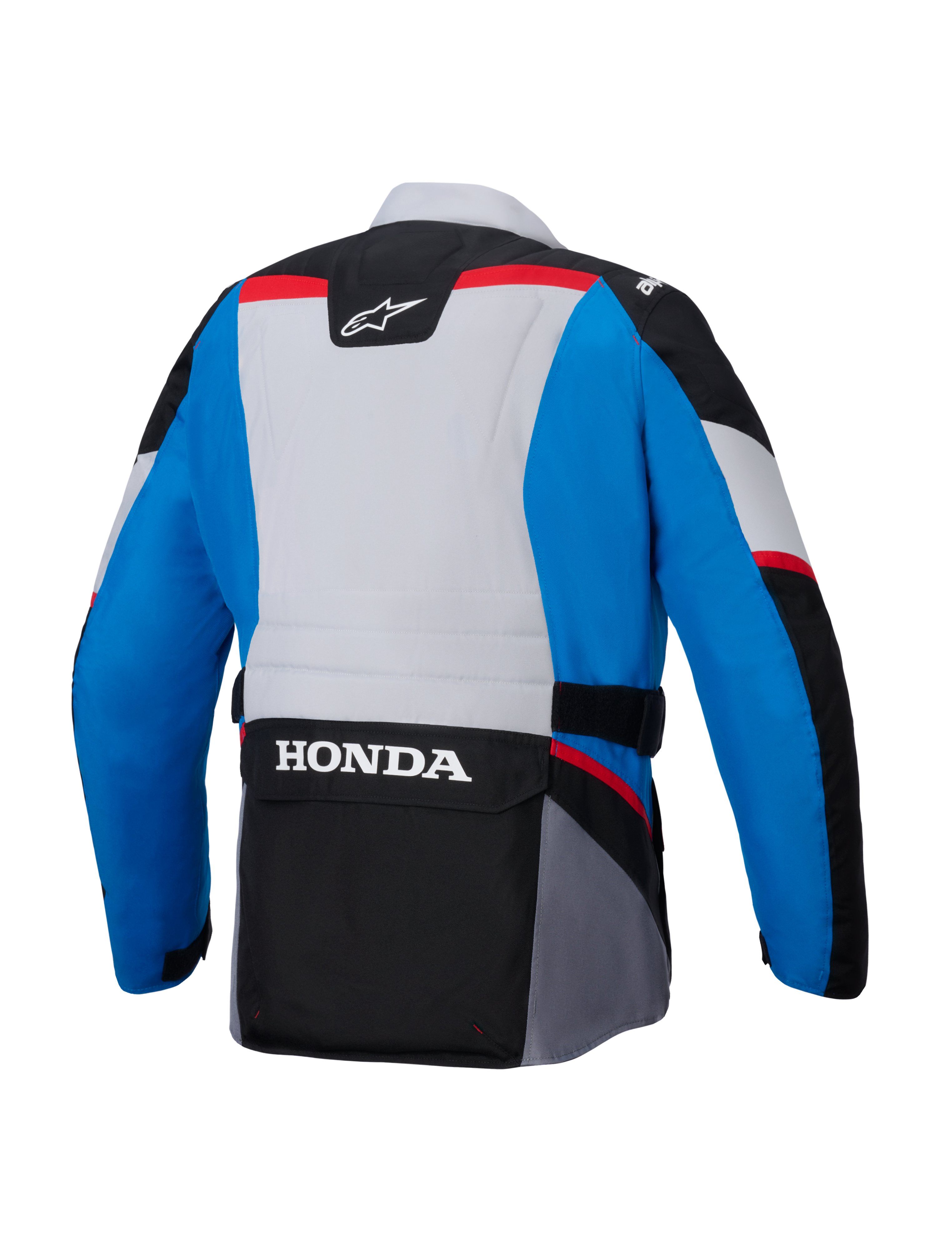 Alpinestars Honda ST-1 vandtæt jakke, set bagfra, blå og lysegrå med sorte paneler og røde detaljer, har et stort hvidt HONDA-logo på den nederste cargolomme, tekstiljakke i adventure touring-stil