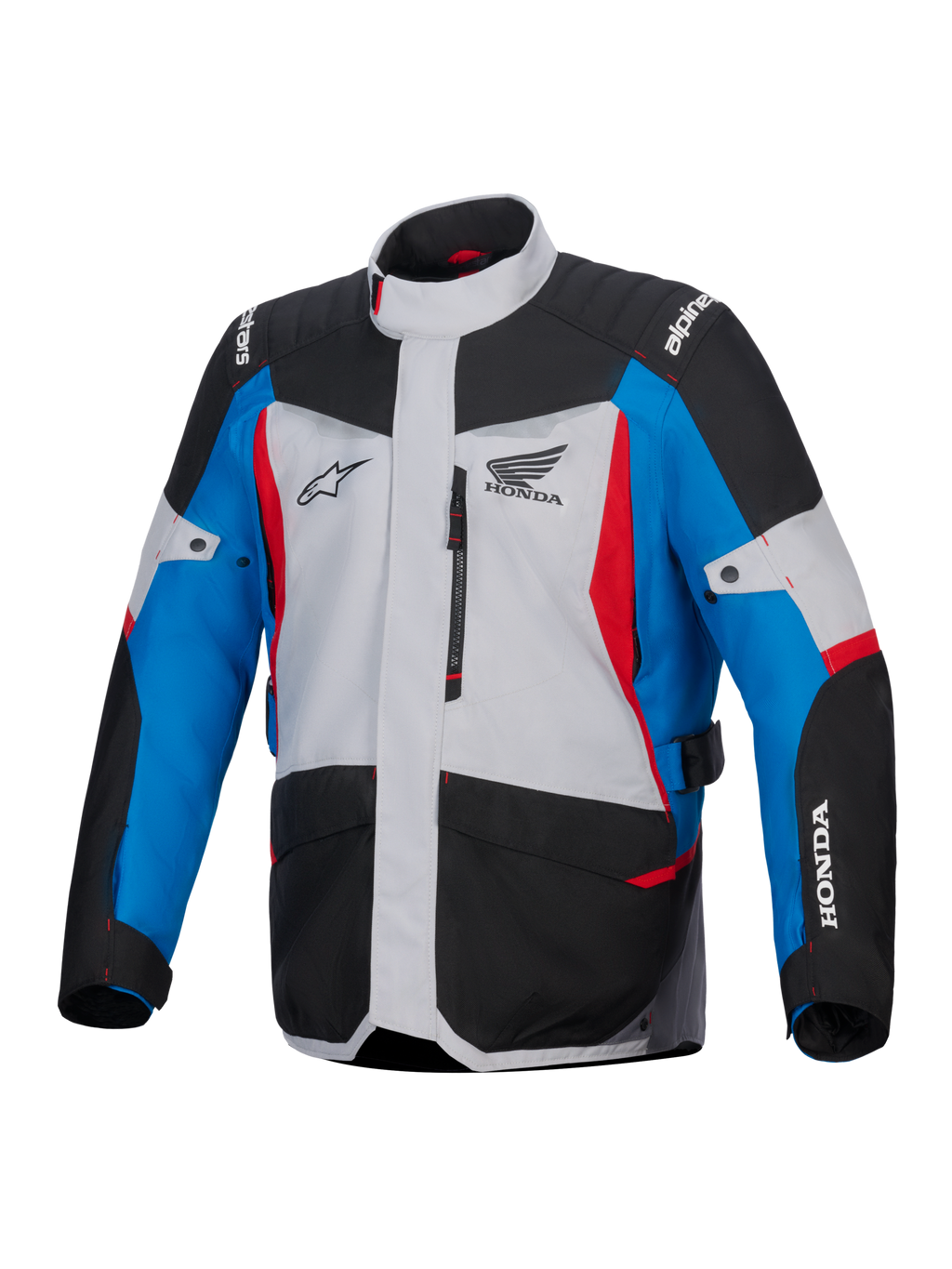 Alpinestars Honda ST-1 vandtæt jakke, motorcykeljakke til touring, isgrå, sort og blå med røde detaljer, Honda- og Alpinestars-logoer, set forfra med brystlomme med lynlås og cargolommer, vejrbestandigt adventure touring-design