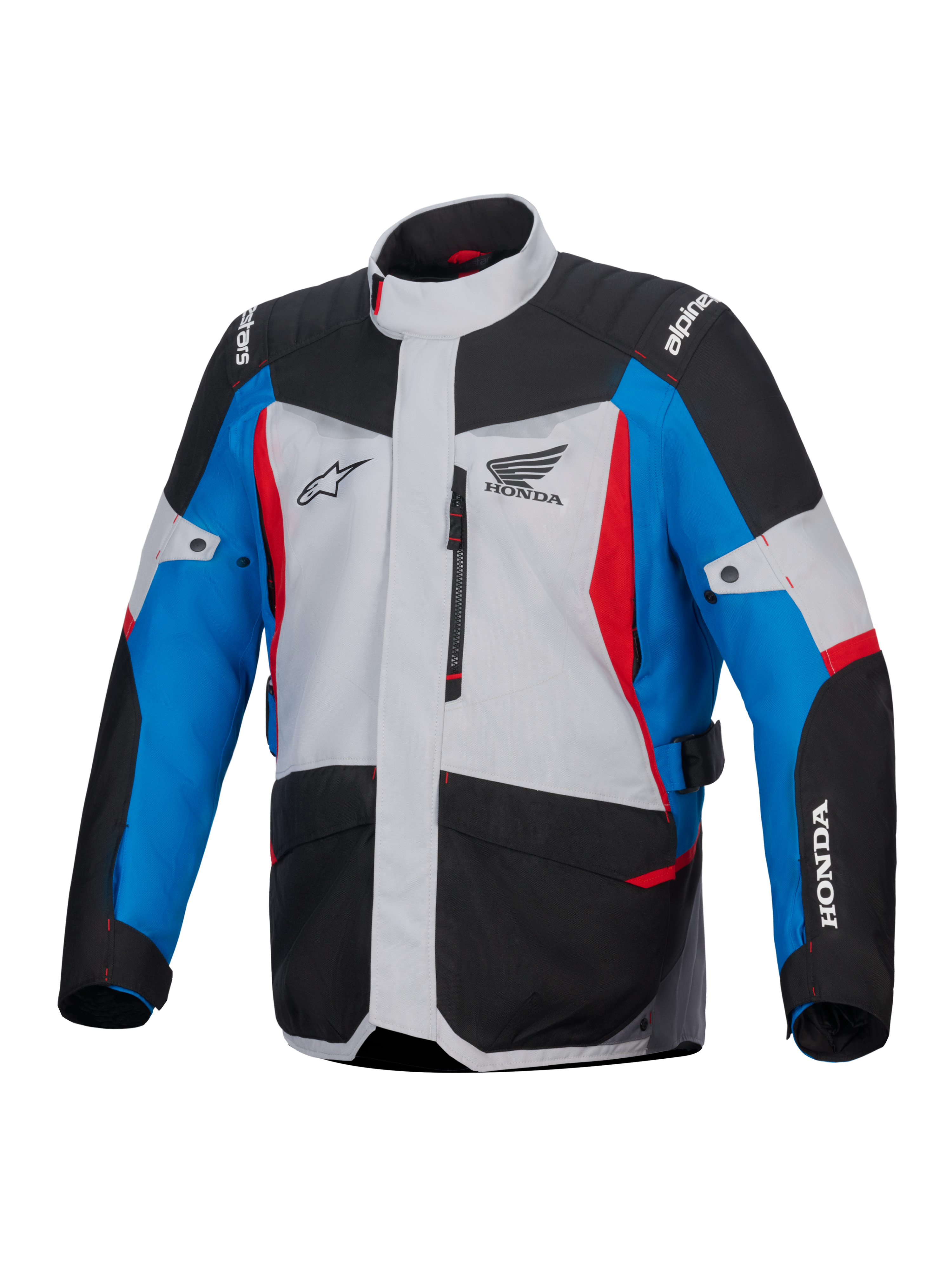 Alpinestars Honda ST-1 vandtæt jakke, motorcykeljakke til touring, isgrå, sort og blå med røde detaljer, Honda- og Alpinestars-logoer, set forfra med brystlomme med lynlås og cargolommer, vejrbestandigt adventure touring-design
