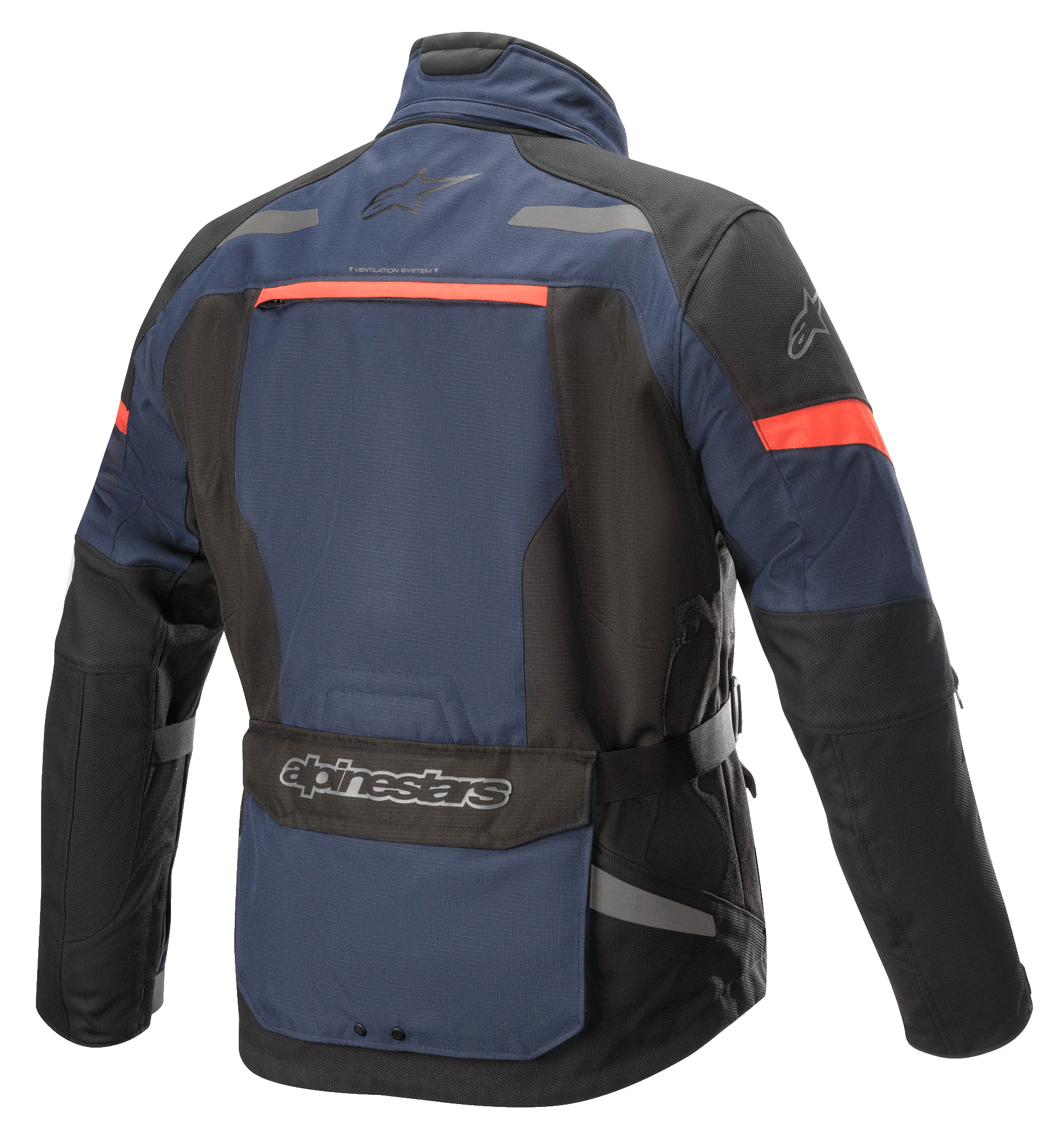 Alpinestars Valparaiso V3 Drystar® jakke, adventure touring-motorcykeljakke, mørkeblå og sort med rød-orange detaljer, set bagfra med en stor værktøjslomme, reflekterende detaljer og ventilationsåbninger.
