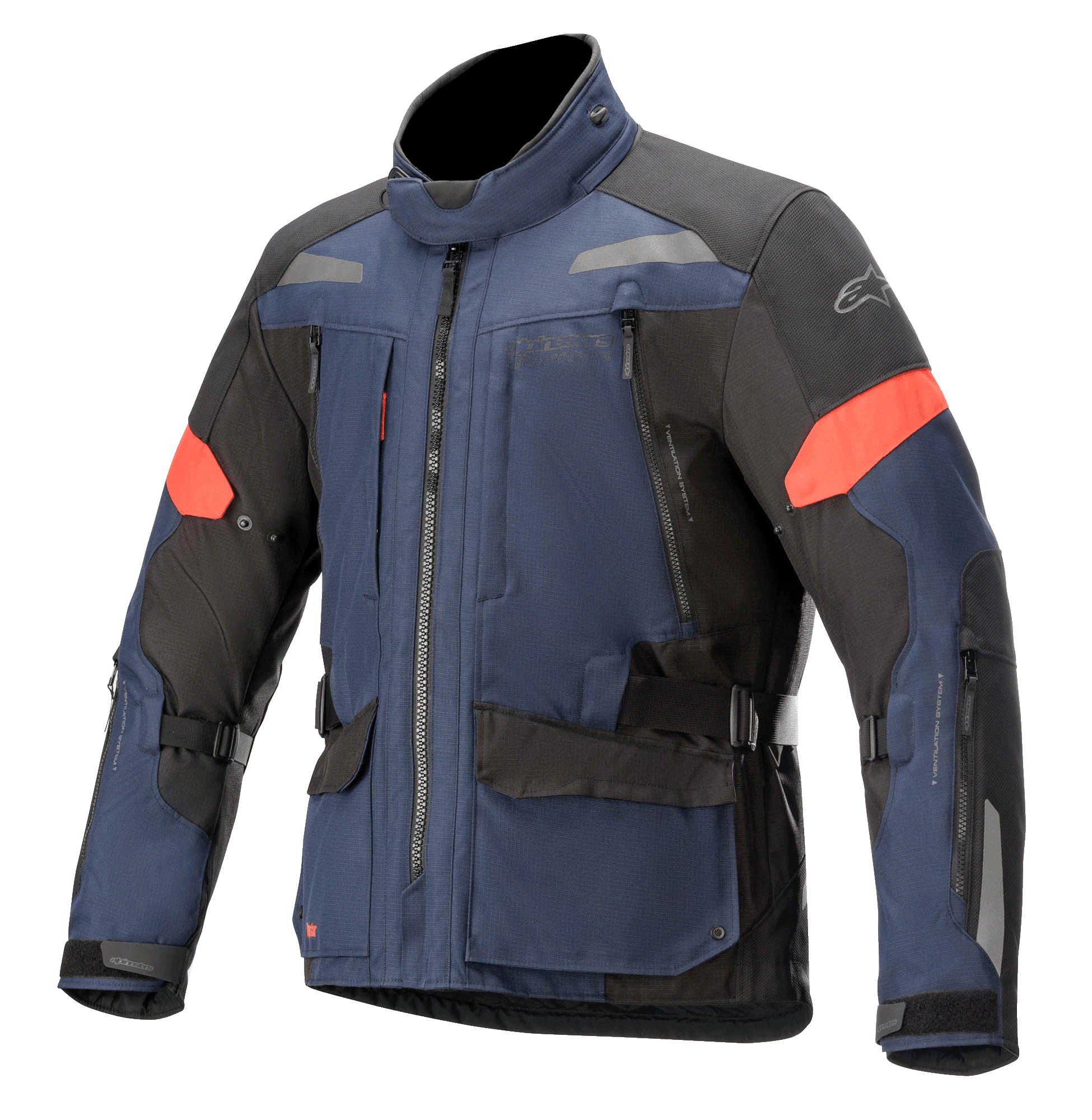 Alpinestars Valparaiso V3 Drystar jakke, motorcykeljakke til touring, mørkeblå og sort med røde detaljer, refleksstriber, flere cargo-lommer med lynlås, justerbare stropper i taljen og på ærmerne, holdbar tekstilkonstruktion til adventure touring