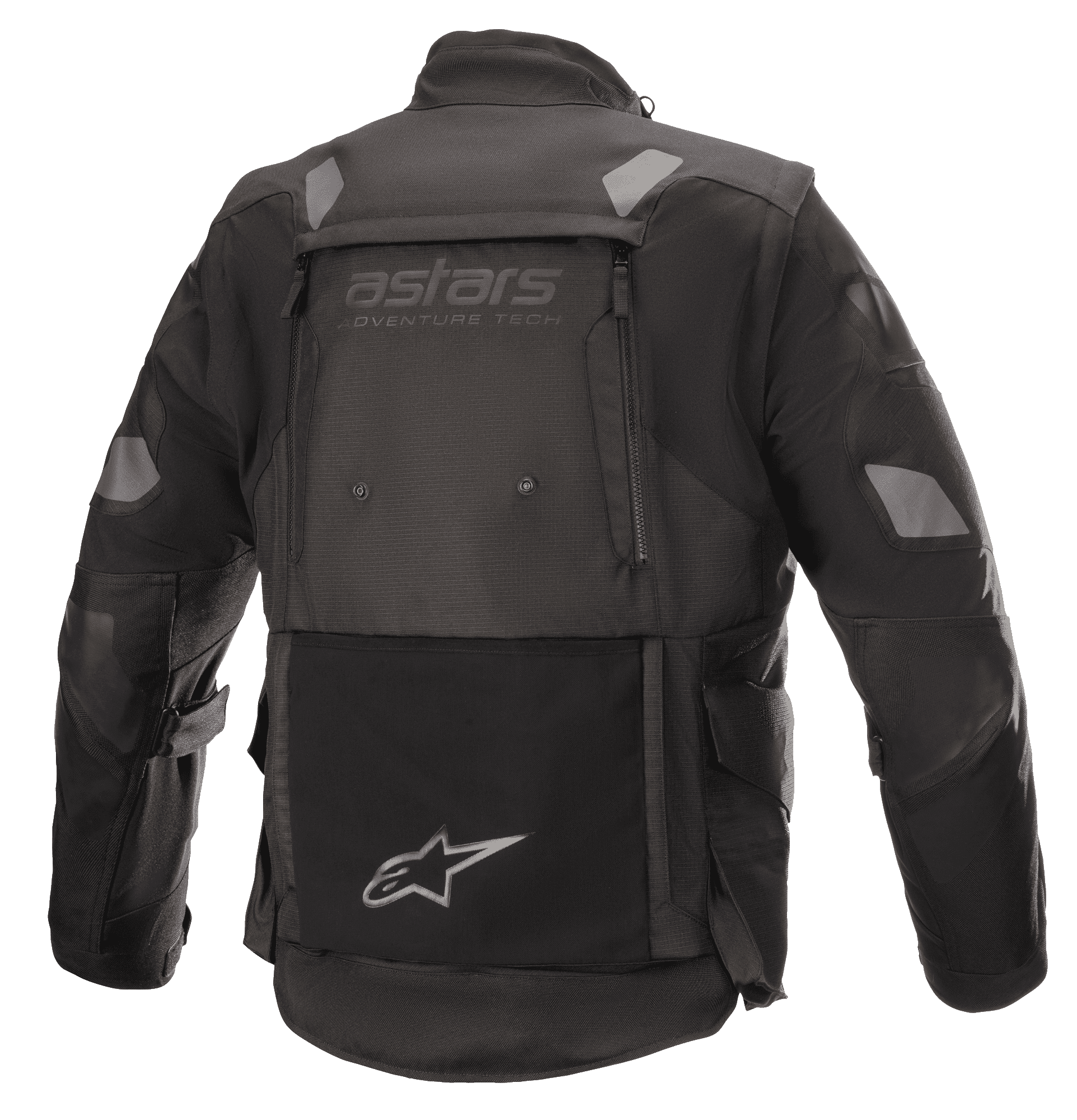 Alpinestars Halo Drystar® Jacket, Adventure Touring Motorcycle Jacket, Black, back view featuring large rear ventilation panel, "astars adventure tech" branding, reflective shoulder and elbow patches, and integrated lower back storage pocket with star logo