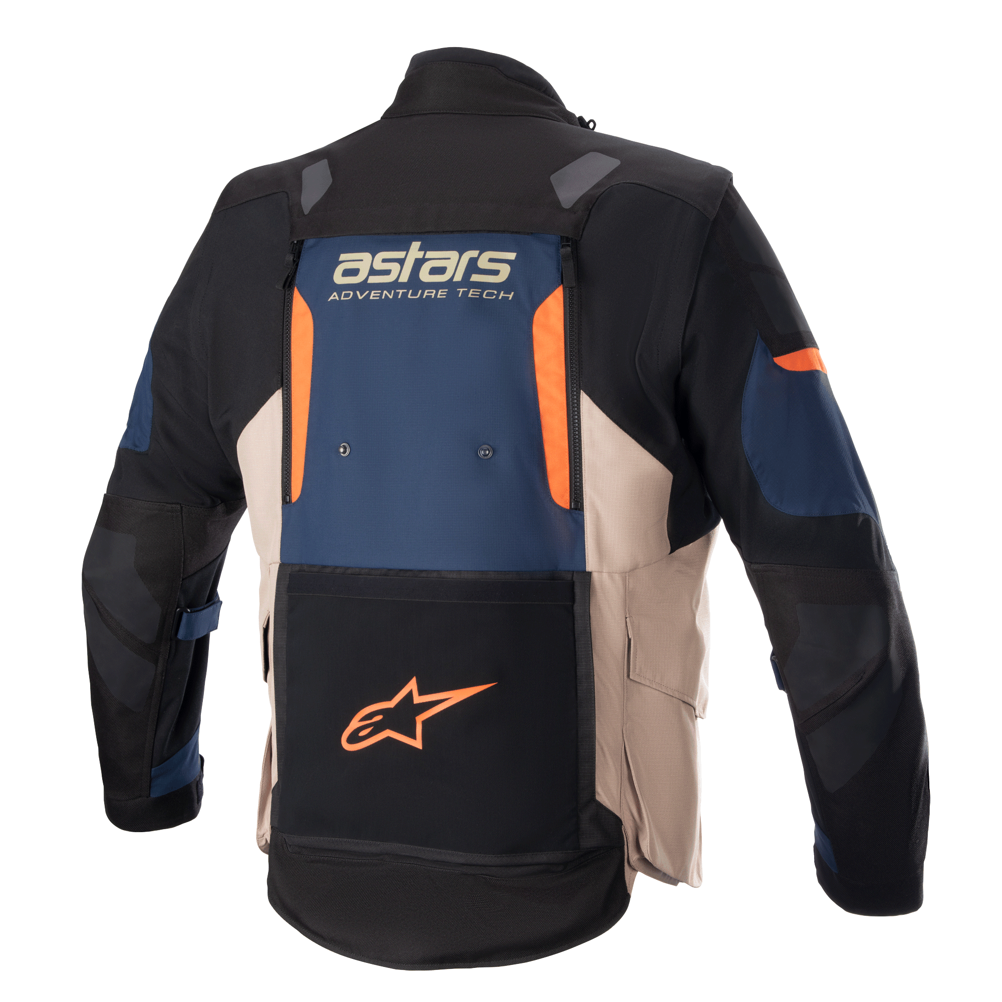 Alpinestars Halo Drystar® Jacket, adventure touring motorcycle jacket, back view, Dark Blue, Dark Khaki, and Flame Orange, featuring a large rear ventilation panel, 'astars ADVENTURE TECH' logo, and a lower back pocket with an orange star logo.