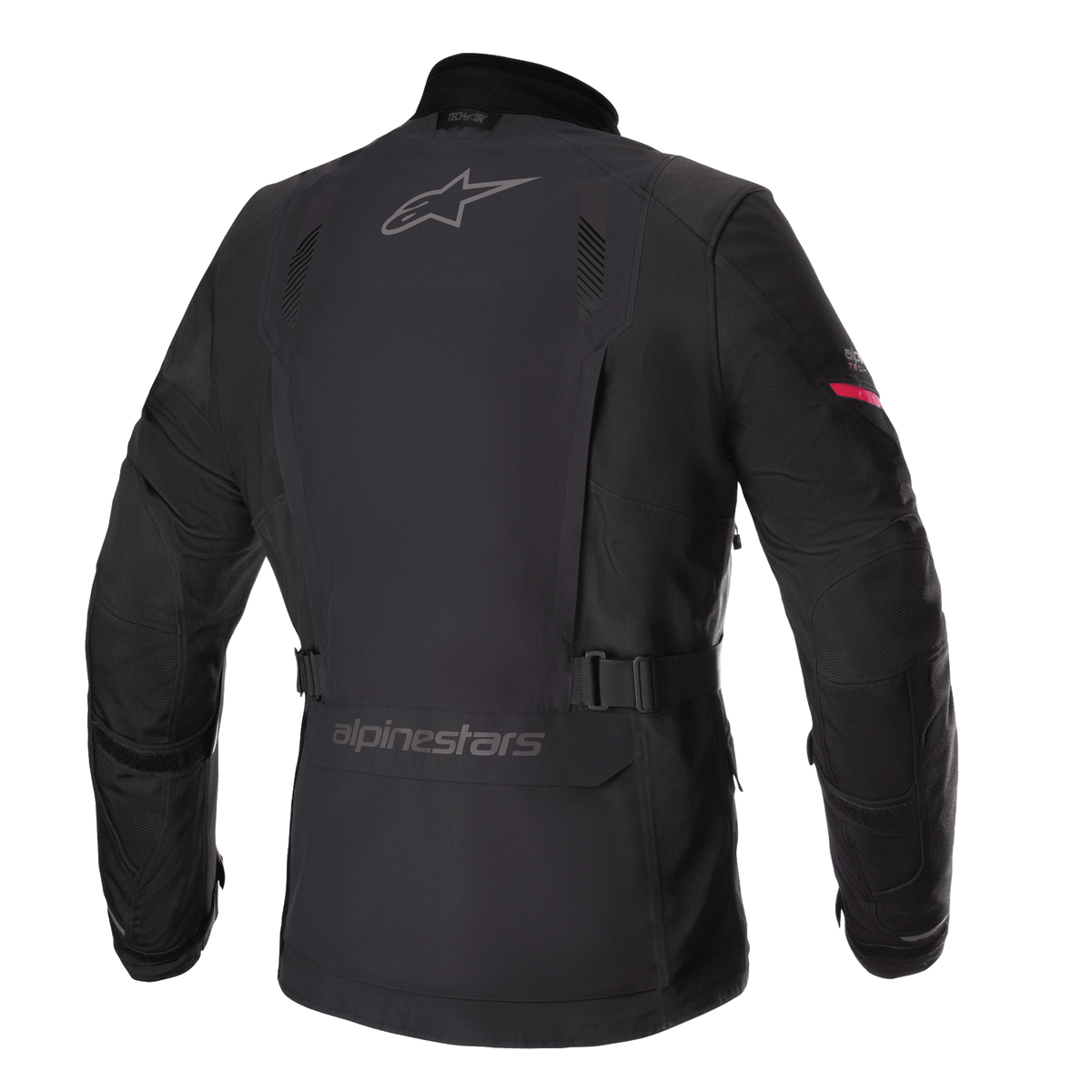 Alpinestars Monteira Drystar® XF-jakke, adventure touring-motorcykeljakke, sort med stærk rød ærmedetalje, bagprofil der viser grå Alpinestars-logoer, justerbart taljebælte og slidstærk vandtæt tekstilskal