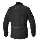 Alpinestars Monteira Drystar® XF-jakke, adventure touring-motorcykeljakke, sort med stærk rød ærmedetalje, bagprofil der viser grå Alpinestars-logoer, justerbart taljebælte og slidstærk vandtæt tekstilskal