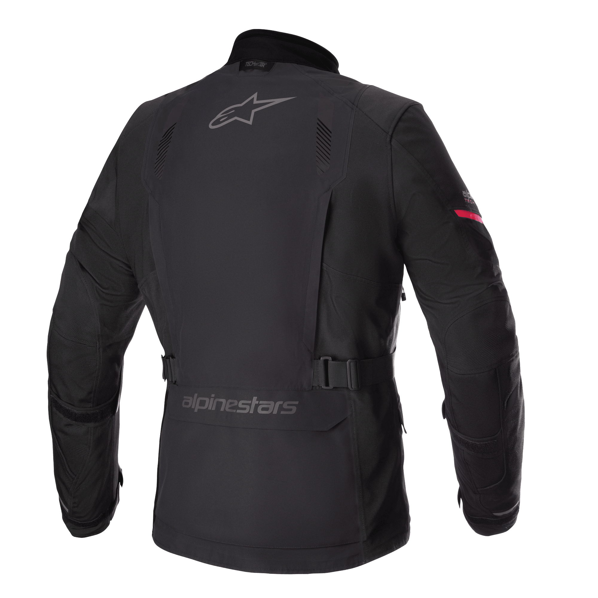 Alpinestars Monteira Drystar® XF-jakke, adventure touring-motorcykeljakke, sort med stærk rød ærmedetalje, bagprofil der viser grå Alpinestars-logoer, justerbart taljebælte og slidstærk vandtæt tekstilskal