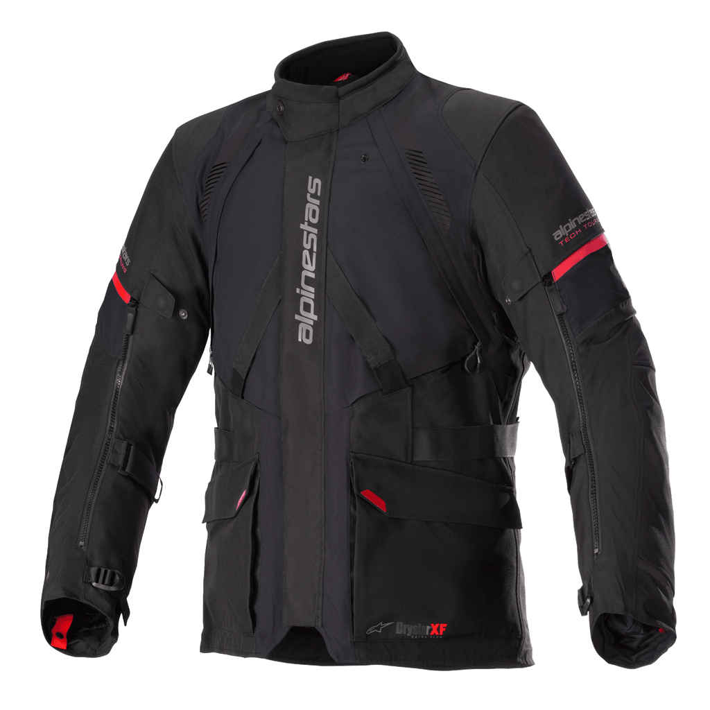 Alpinestars Monteira Drystar XF jakke, sort og klar rød, adventure touring motorcykeljakke, vandtæt lamineret konstruktion, med flere praktiske lommer og justerbare stropper, slidstærkt tekstil til beskyttelse i al slags vejr