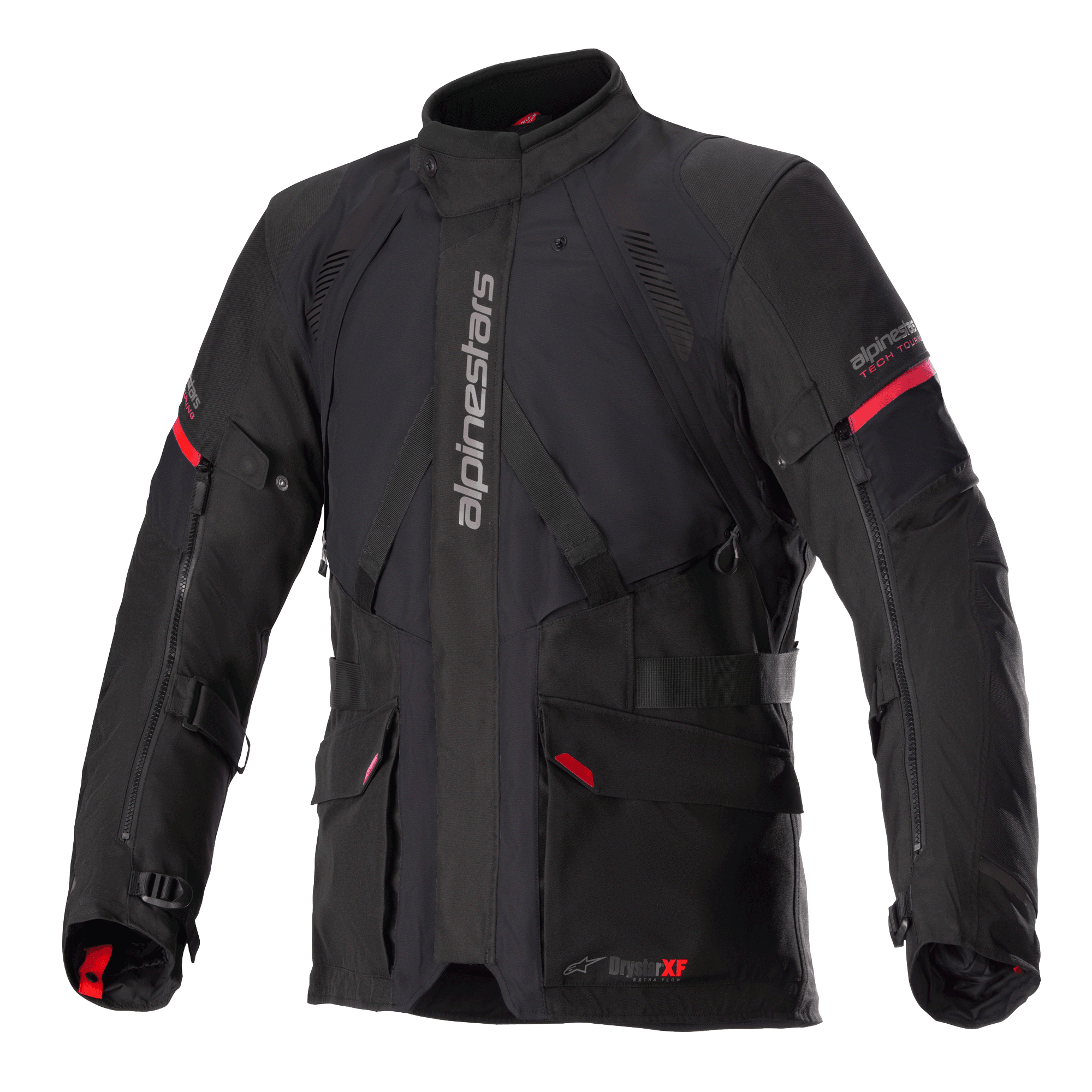 Alpinestars Monteira Drystar XF jakke, sort og klar rød, adventure touring motorcykeljakke, vandtæt lamineret konstruktion, med flere praktiske lommer og justerbare stropper, slidstærkt tekstil til beskyttelse i al slags vejr