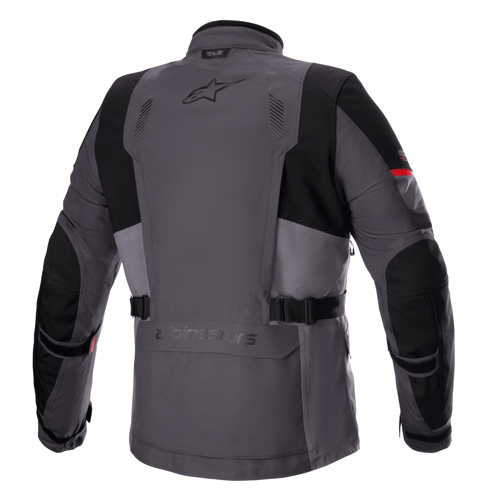 Alpinestars Monteira Drystar® XF jakke, adventure touring motorcykeljakke, mørkegrå og tar-grå med klare røde detaljer, set bagfra med praktisk baglomme, taljeremme og forstærkede sorte paneler på skuldre og albuer, med Astars-logo på den øverste del af ryggen.