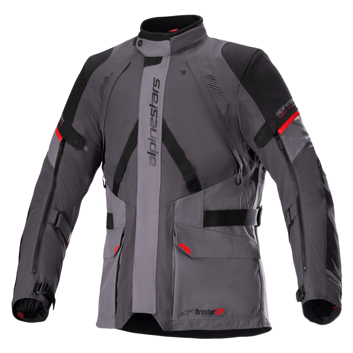 Alpinestars Monteira Drystar XF-jakke, motorcykeljakke til touring, mørkegrå og grå med sorte paneler og klare røde detaljer, med frontlommer, justerbare stropper i taljen og på ærmerne, vertikal Alpinestars-branding og høj krave, designet til adventure-kørsel