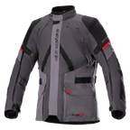 Alpinestars Monteira Drystar XF-jakke, motorcykeljakke til touring, mørkegrå og grå med sorte paneler og klare røde detaljer, med frontlommer, justerbare stropper i taljen og på ærmerne, vertikal Alpinestars-branding og høj krave, designet til adventure-kørsel