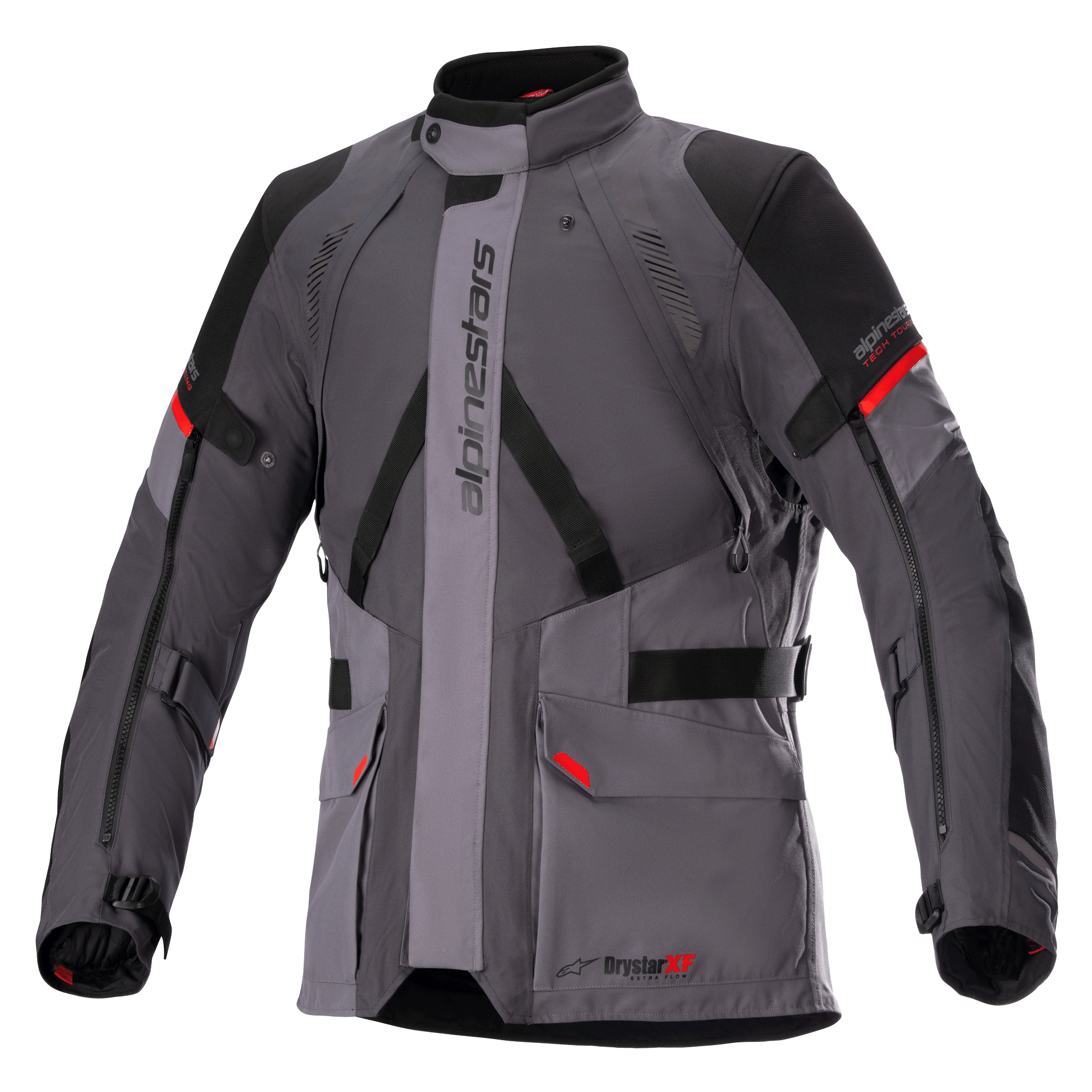Alpinestars Monteira Drystar XF-jakke, motorcykeljakke til touring, mørkegrå og grå med sorte paneler og klare røde detaljer, med frontlommer, justerbare stropper i taljen og på ærmerne, vertikal Alpinestars-branding og høj krave, designet til adventure-kørsel