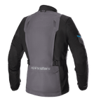 Alpinestars Monteira Drystar® XF jakke, adventure touring motorcykeljakke, Tar Gray og sort med Methyl Blue detaljer, set bagfra med et stort gråt rygpanel, justerbare taljestropper og Alpinestars-branding på den nederste del af ryggen