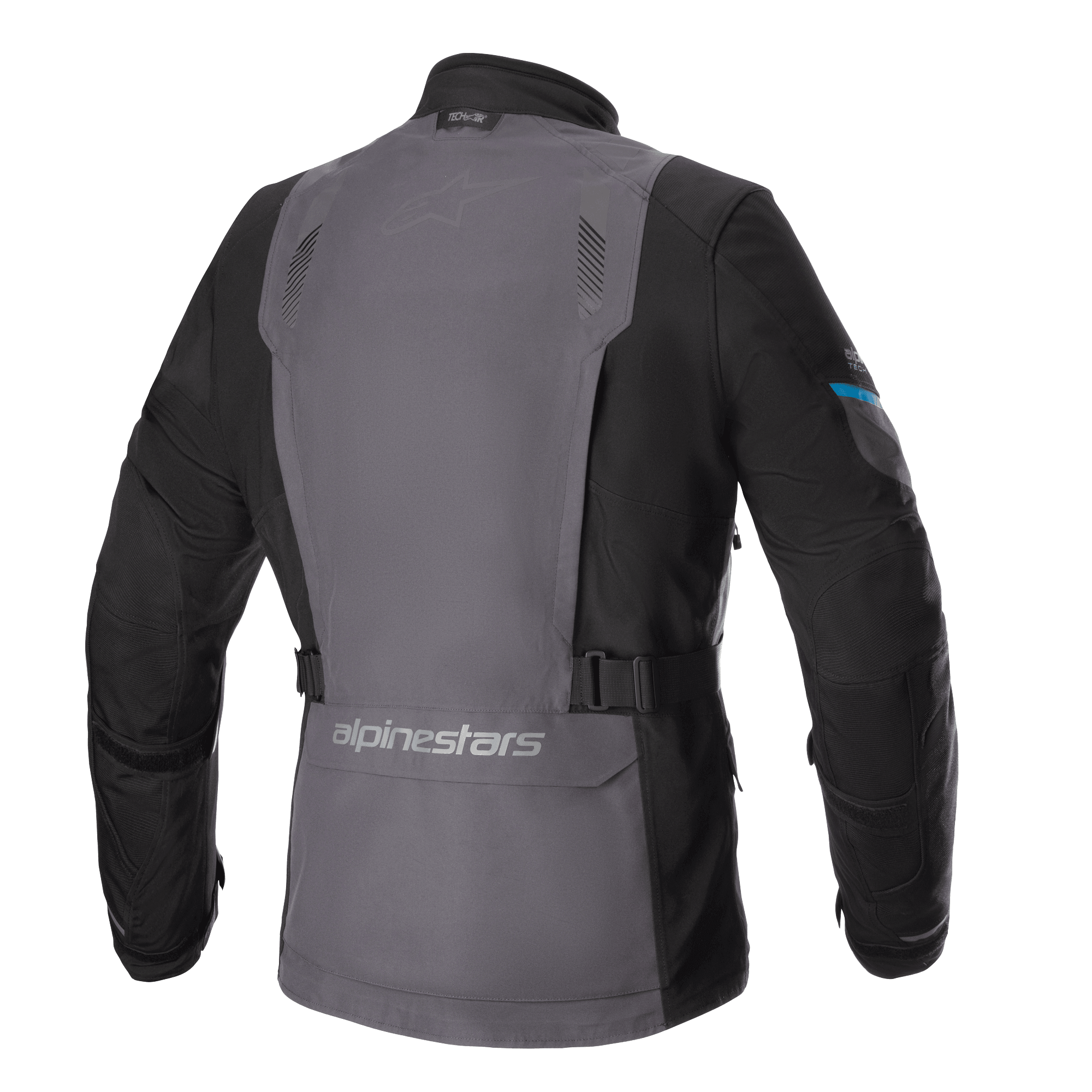 Alpinestars Monteira Drystar® XF jakke, adventure touring motorcykeljakke, Tar Gray og sort med Methyl Blue detaljer, set bagfra med et stort gråt rygpanel, justerbare taljestropper og Alpinestars-branding på den nederste del af ryggen
