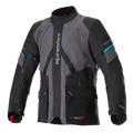 Alpinestars Monteira Drystar XF jakke, adventure touring-motorcykeljakke, grå og sort med Methyl Blue-detaljer, med flere frontlommer, justerbare taljestropper og lodret Alpinestars-branding på brystet, slidstærk vandtæt tekstilkonstruktion