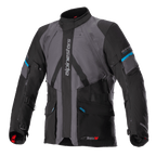 Alpinestars Monteira Drystar XF jakke, adventure touring-motorcykeljakke, grå og sort med Methyl Blue-detaljer, med flere frontlommer, justerbare taljestropper og lodret Alpinestars-branding på brystet, slidstærk vandtæt tekstilkonstruktion