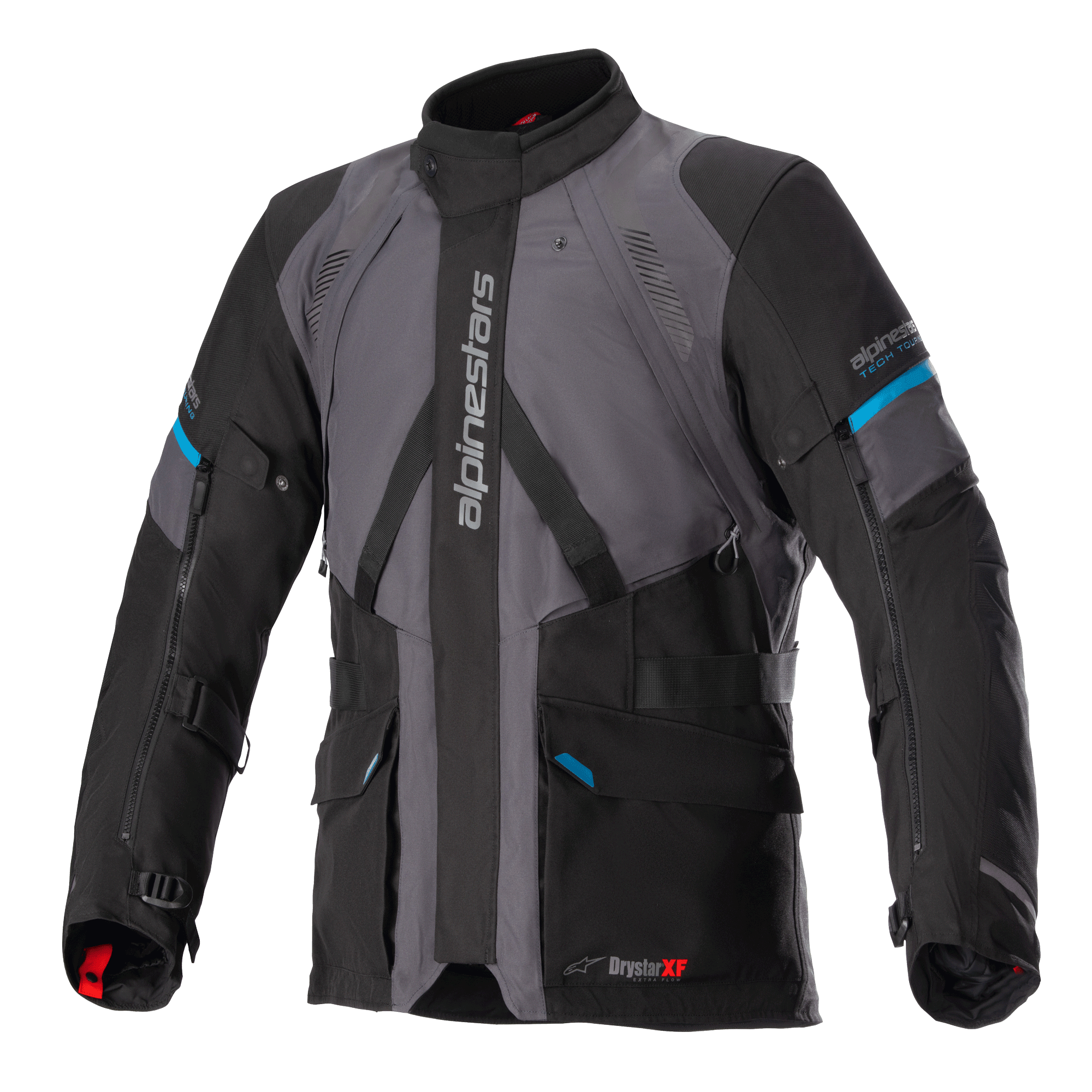 Alpinestars Monteira Drystar XF jakke, adventure touring-motorcykeljakke, grå og sort med Methyl Blue-detaljer, med flere frontlommer, justerbare taljestropper og lodret Alpinestars-branding på brystet, slidstærk vandtæt tekstilkonstruktion