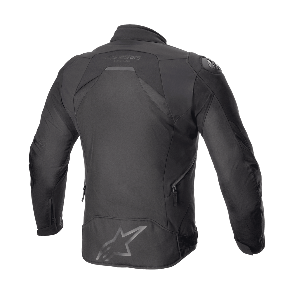 Alpinestars T-GP R V3 Drystar® Jacket, Motorcycle Sport Textile Jacket, Black Black, Rear view showing sleek 3D-tailored silhouette with large star logo on the lower back and Alpinestars wordmark near the collar, featuring side ventilation zippers.