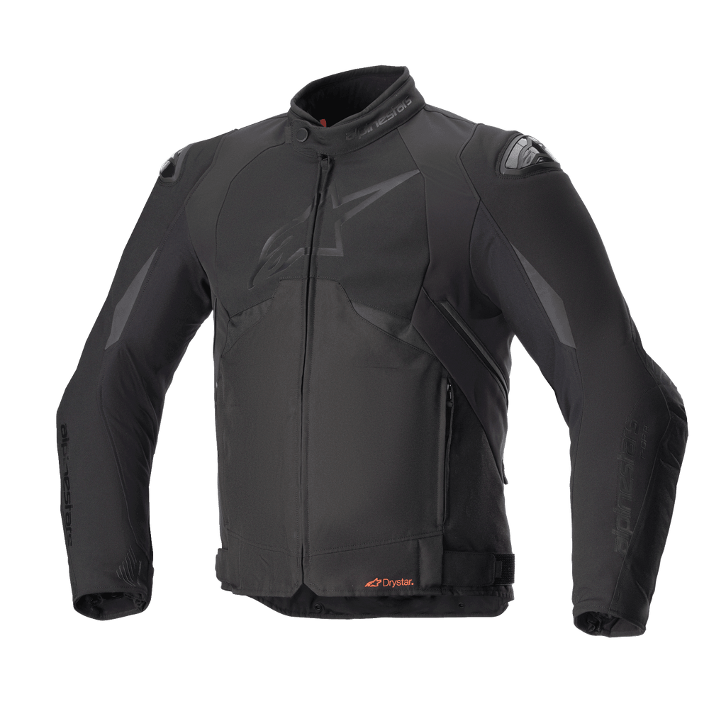 Alpinestars T-GP R V3 Drystar Jacket, All Black Sport Textile Motorcycle Jacket, Front View, subtle matte logo on chest, orange Drystar branding at the waist, DFS shoulder sliders, waterproof and breathable technical gear