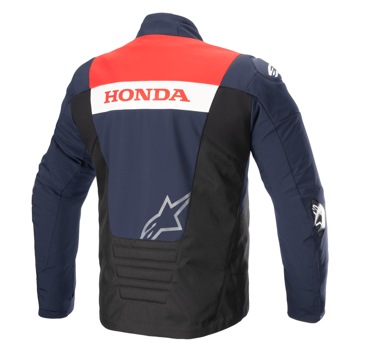 Bagside af Alpinestars Honda SMX Waterproof Softshell-jakke, farvetema i Night Navy, sort og Bright Red, med 'HONDA'-branding på en hvid stribe og et sølvfarvet Alpinestars-logo, designet til motorcykelkørsel på vej