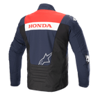 Bagside af Alpinestars Honda SMX Waterproof Softshell-jakke, farvetema i Night Navy, sort og Bright Red, med 'HONDA'-branding på en hvid stribe og et sølvfarvet Alpinestars-logo, designet til motorcykelkørsel på vej