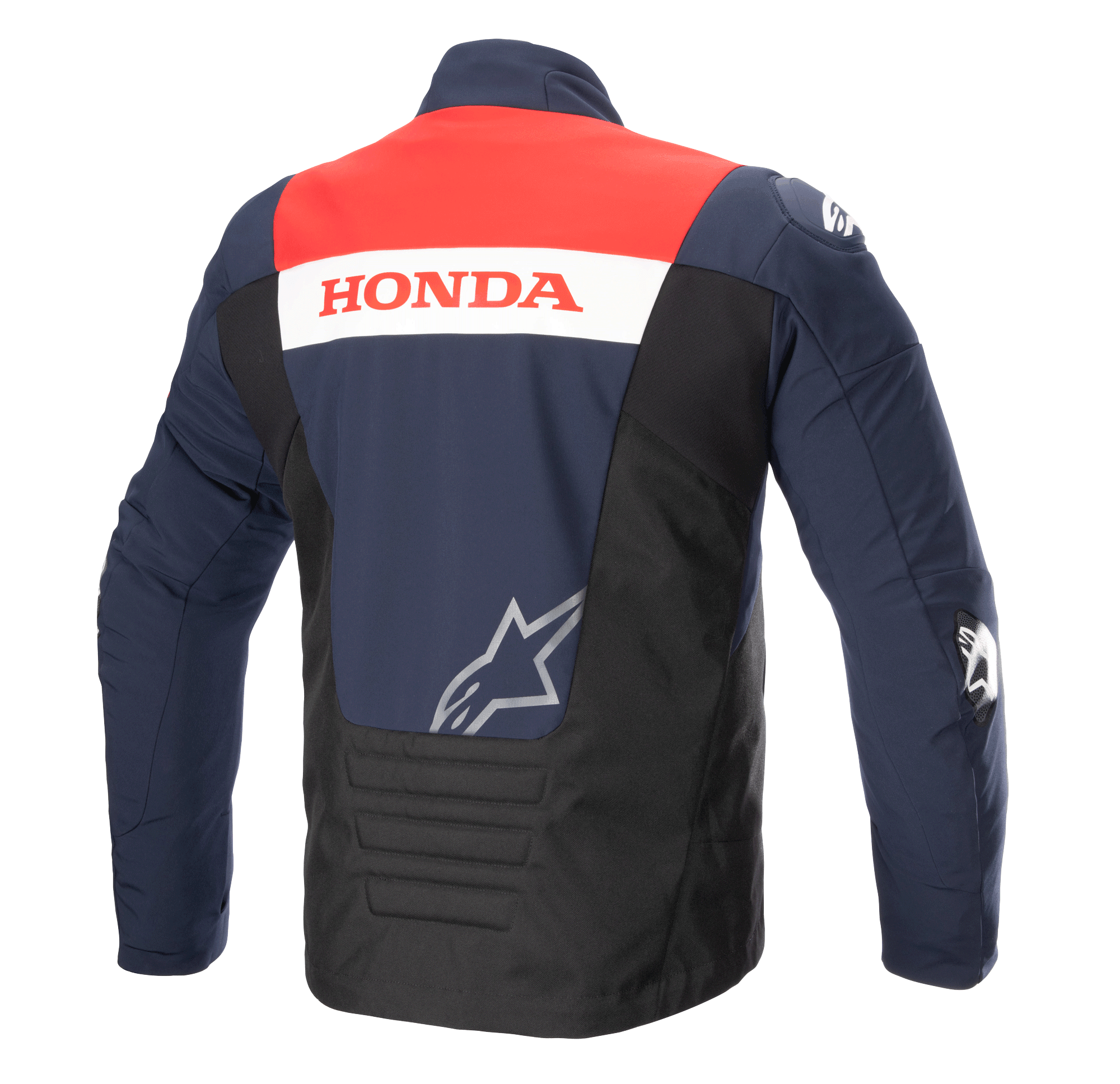 Bagside af Alpinestars Honda SMX Waterproof Softshell-jakke, farvetema i Night Navy, sort og Bright Red, med 'HONDA'-branding på en hvid stribe og et sølvfarvet Alpinestars-logo, designet til motorcykelkørsel på vej
