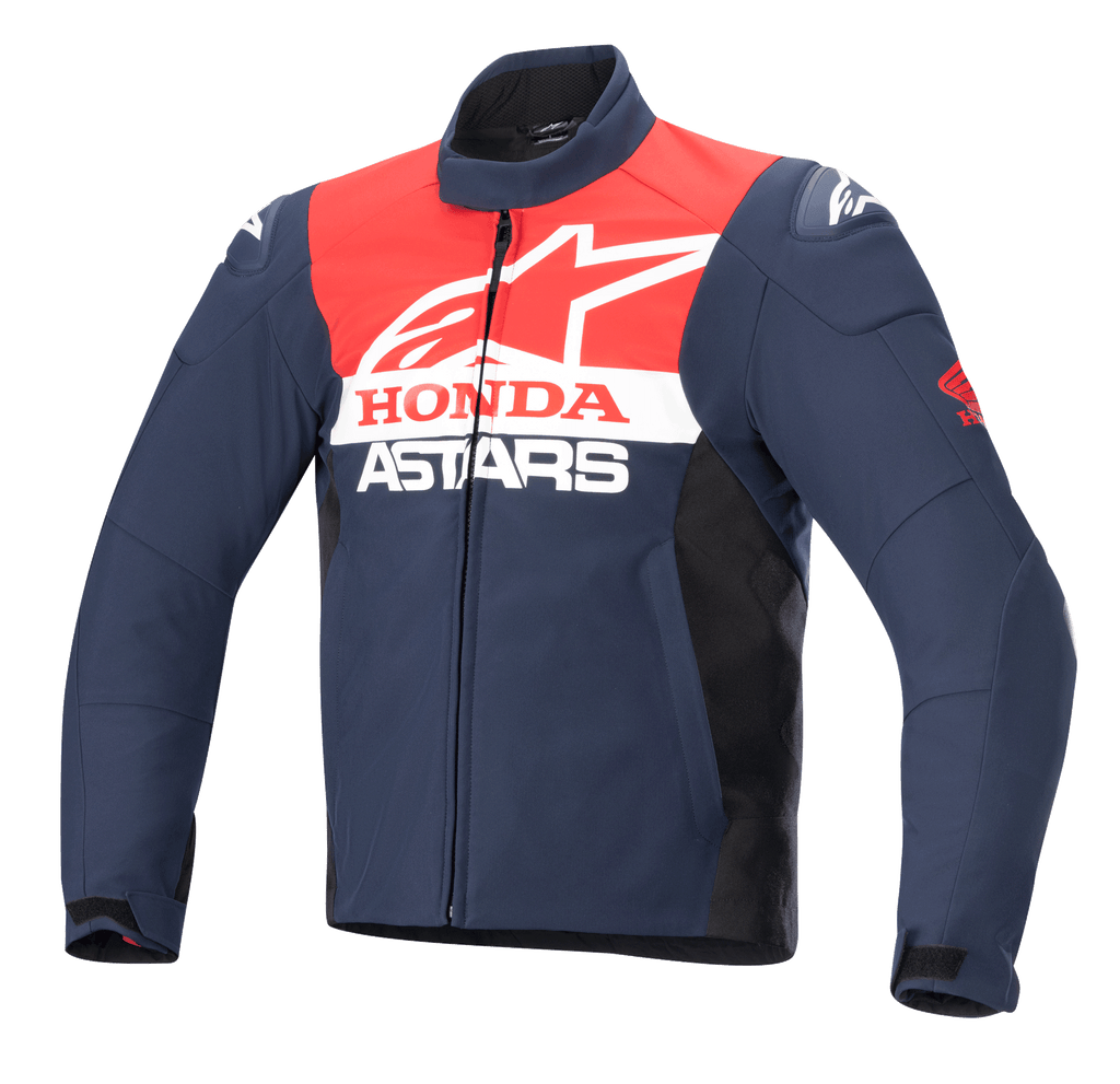 Alpinestars Honda SMX vandtæt softshell-jakke, motorcykeljakke, mørkeblå, sort og klar rød, med hvidt Alpinestars- og Honda-logo på brystet, høj krave, lynlås foran og strømlinet vandafvisende tekstilmateriale