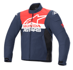Alpinestars Honda SMX vandtæt softshell-jakke, motorcykeljakke, mørkeblå, sort og klar rød, med hvidt Alpinestars- og Honda-logo på brystet, høj krave, lynlås foran og strømlinet vandafvisende tekstilmateriale