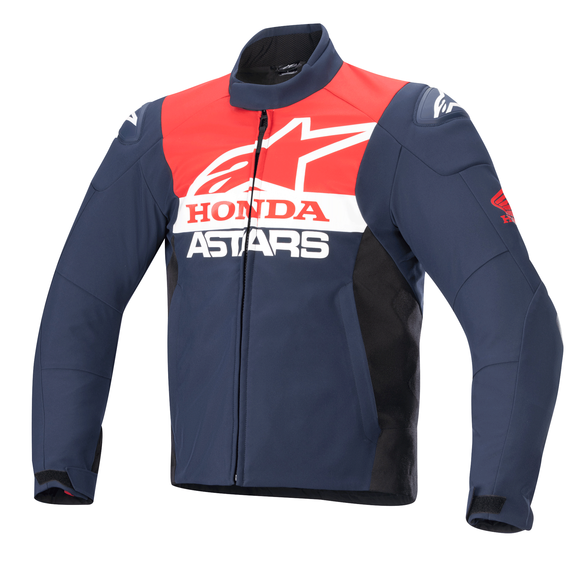 Alpinestars Honda SMX vandtæt softshell-jakke, motorcykeljakke, mørkeblå, sort og klar rød, med hvidt Alpinestars- og Honda-logo på brystet, høj krave, lynlås foran og strømlinet vandafvisende tekstilmateriale