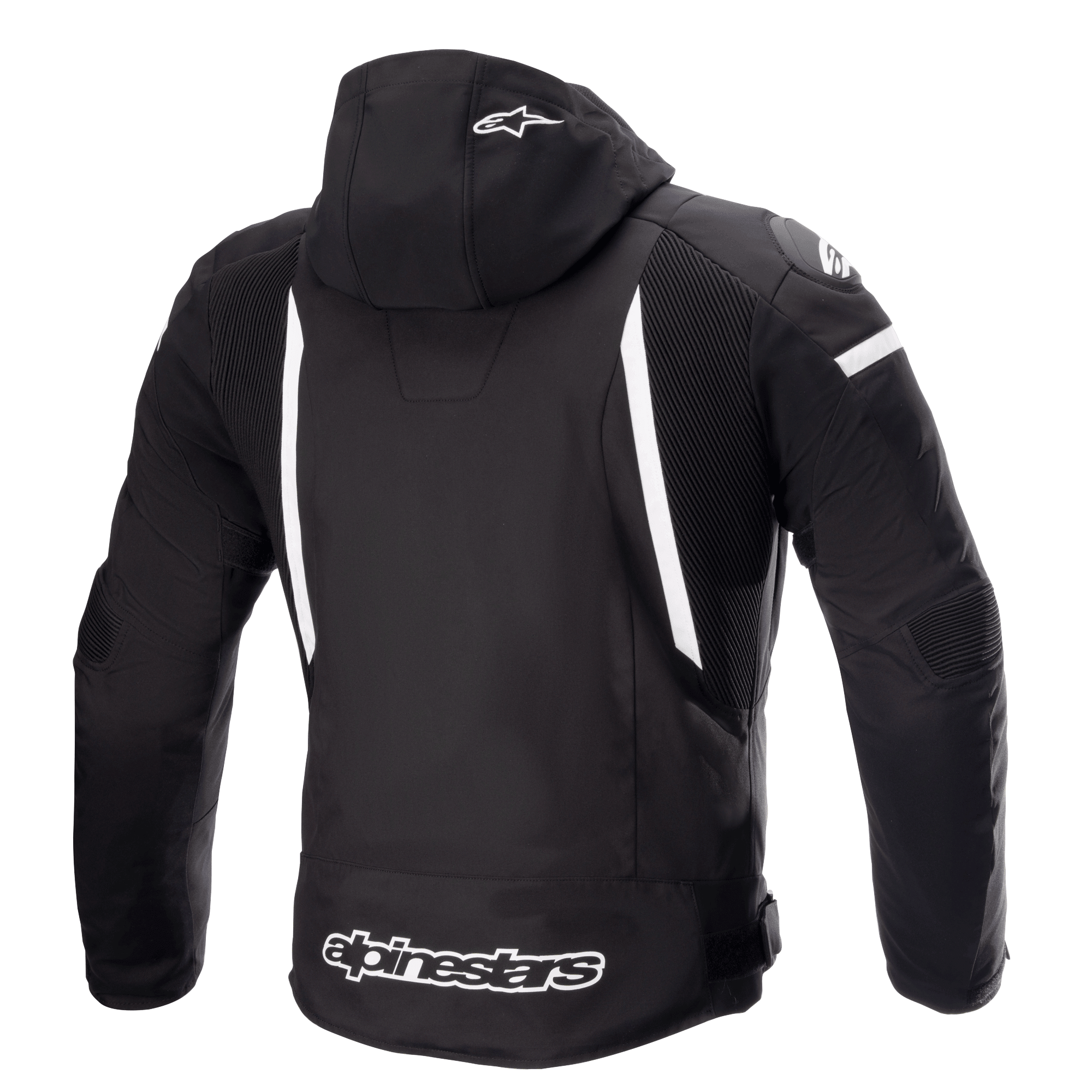 Alpinestars Zaca vandtæt jakke, motorcykeljakke, sort og hvid, set bagfra viser aftagelig hætte med hvidt stjernelogo, vertikale hvide striber på ryggen, Alpinestars-branding på den nederste kant og ribbede strækpaneler for bevægelighed